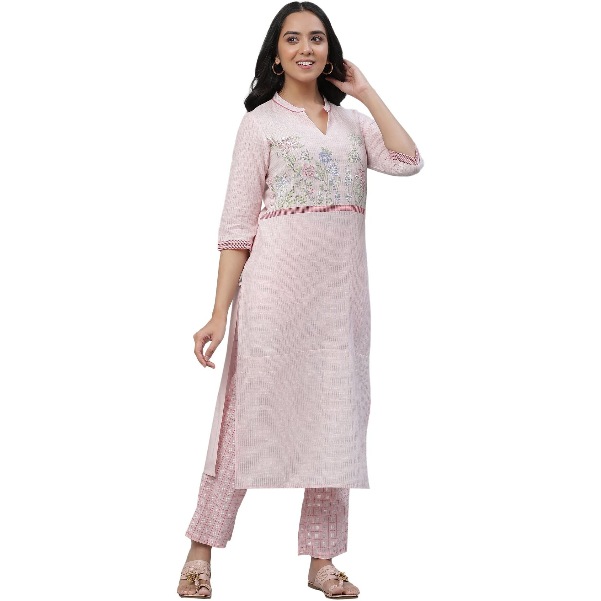 Aurelia Pink Floral Printed Printed Cotton Straight Long Kurta
