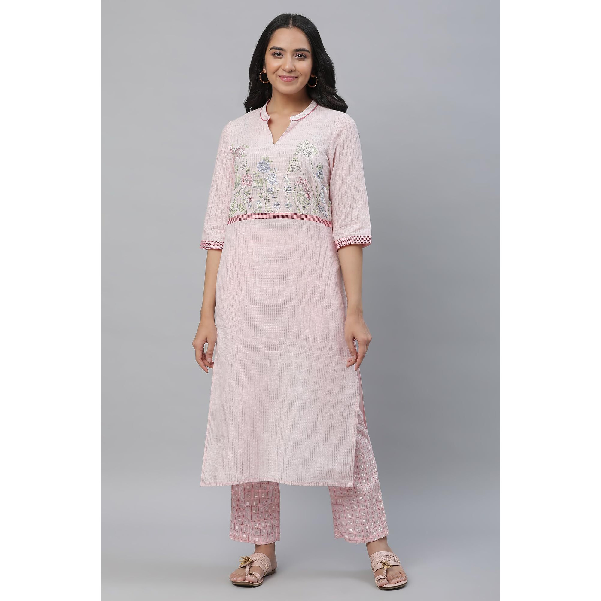 Aurelia Pink Floral Printed Printed Cotton Straight Long Kurta