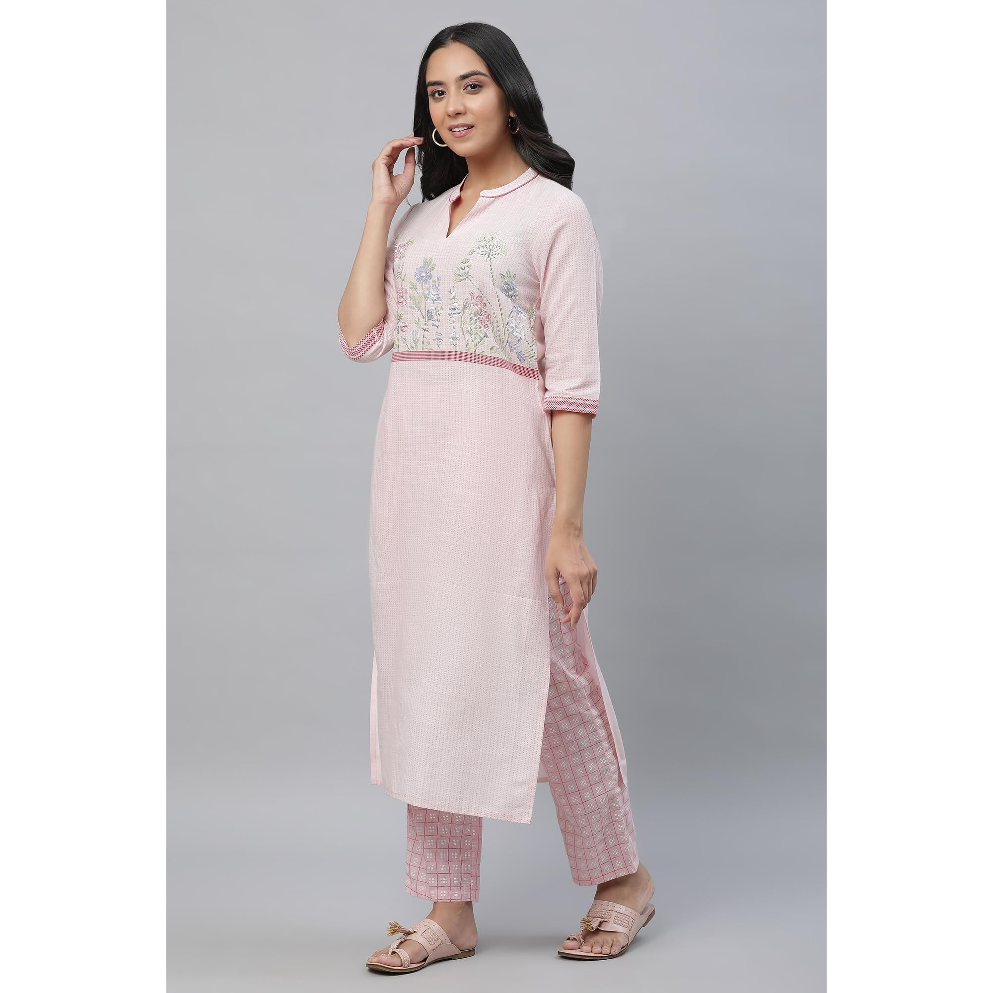 Aurelia Pink Floral Printed Printed Cotton Straight Long Kurta