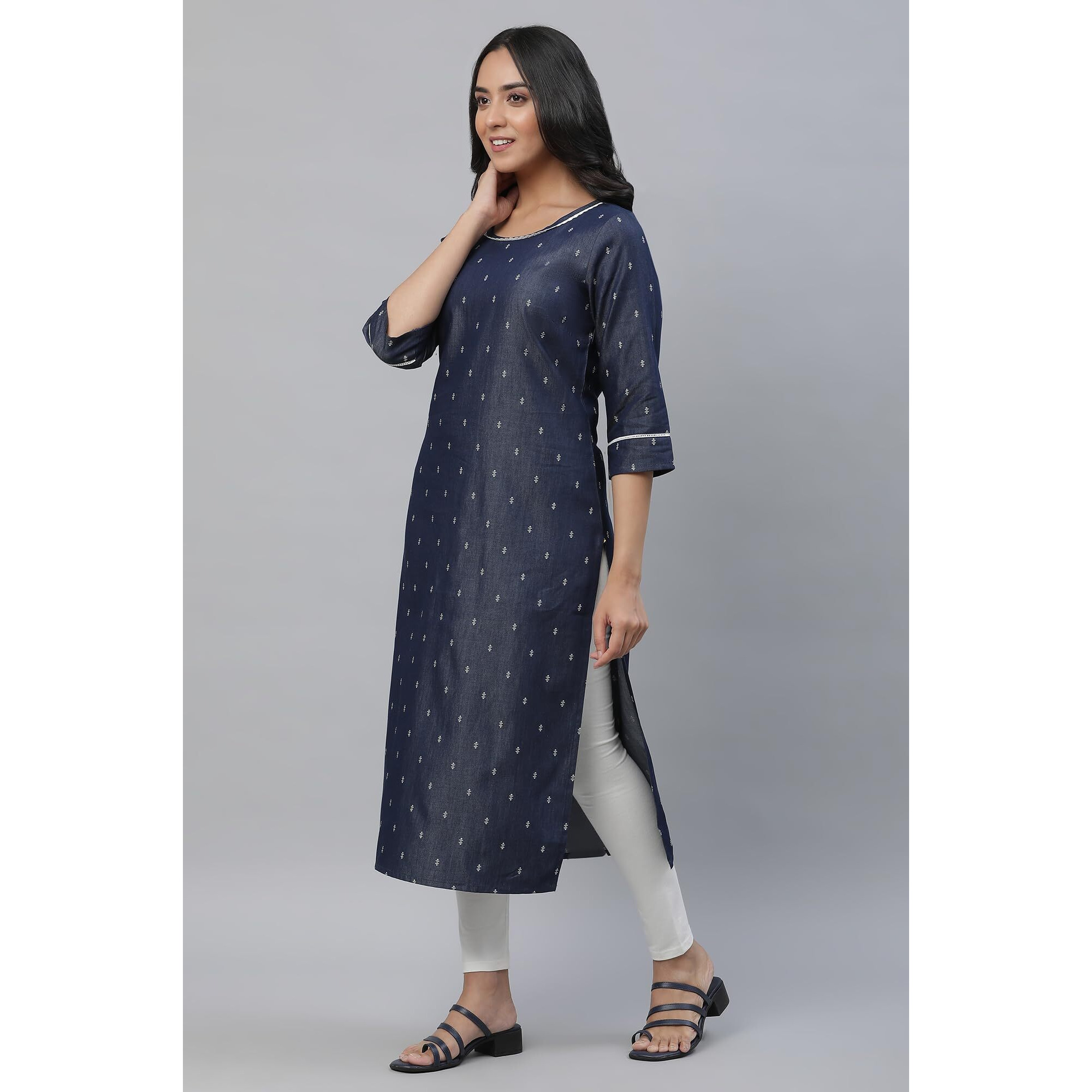 Aurelia Women's Blue Geometric Printed Cotton Blend Straight Kurta_23Aua14517-704116_L