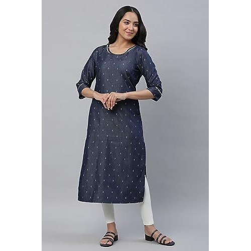 Aurelia Women's Blue Geometric Printed Cotton Blend Straight Kurta_23Aua14517-704116_M