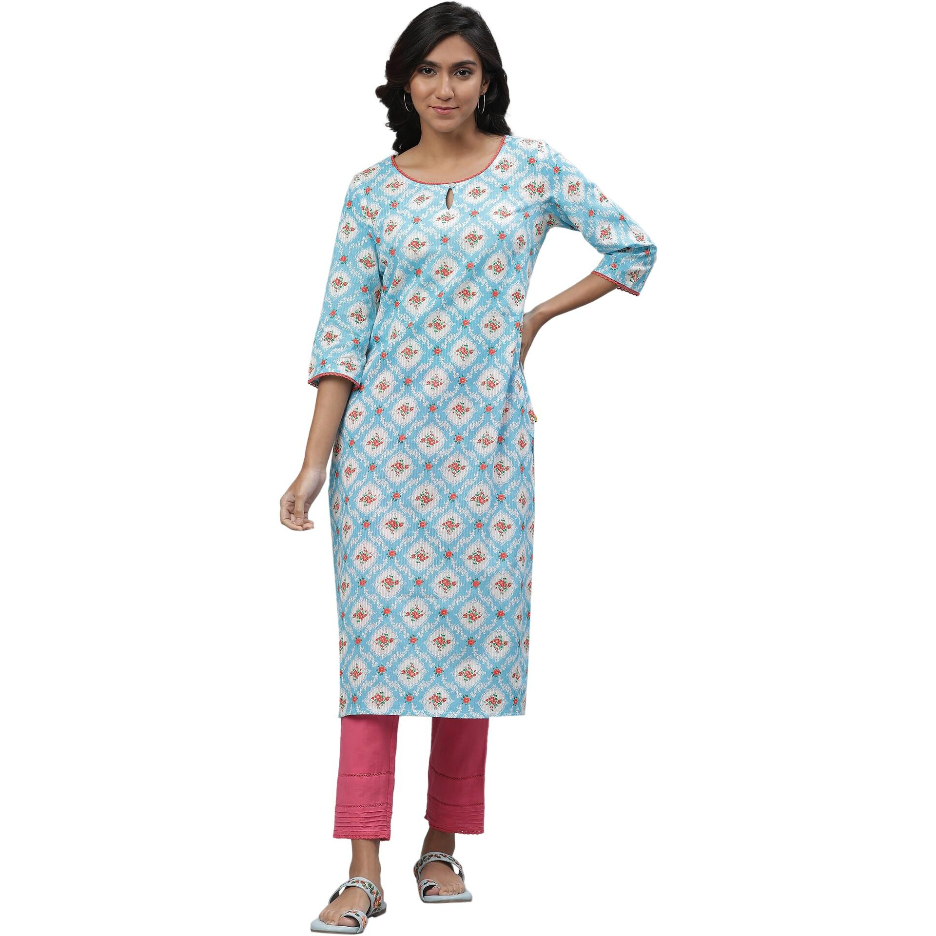 Aurelia Women's Blue Geometric Printed Printed Lace Cotton Straight Long Kurta