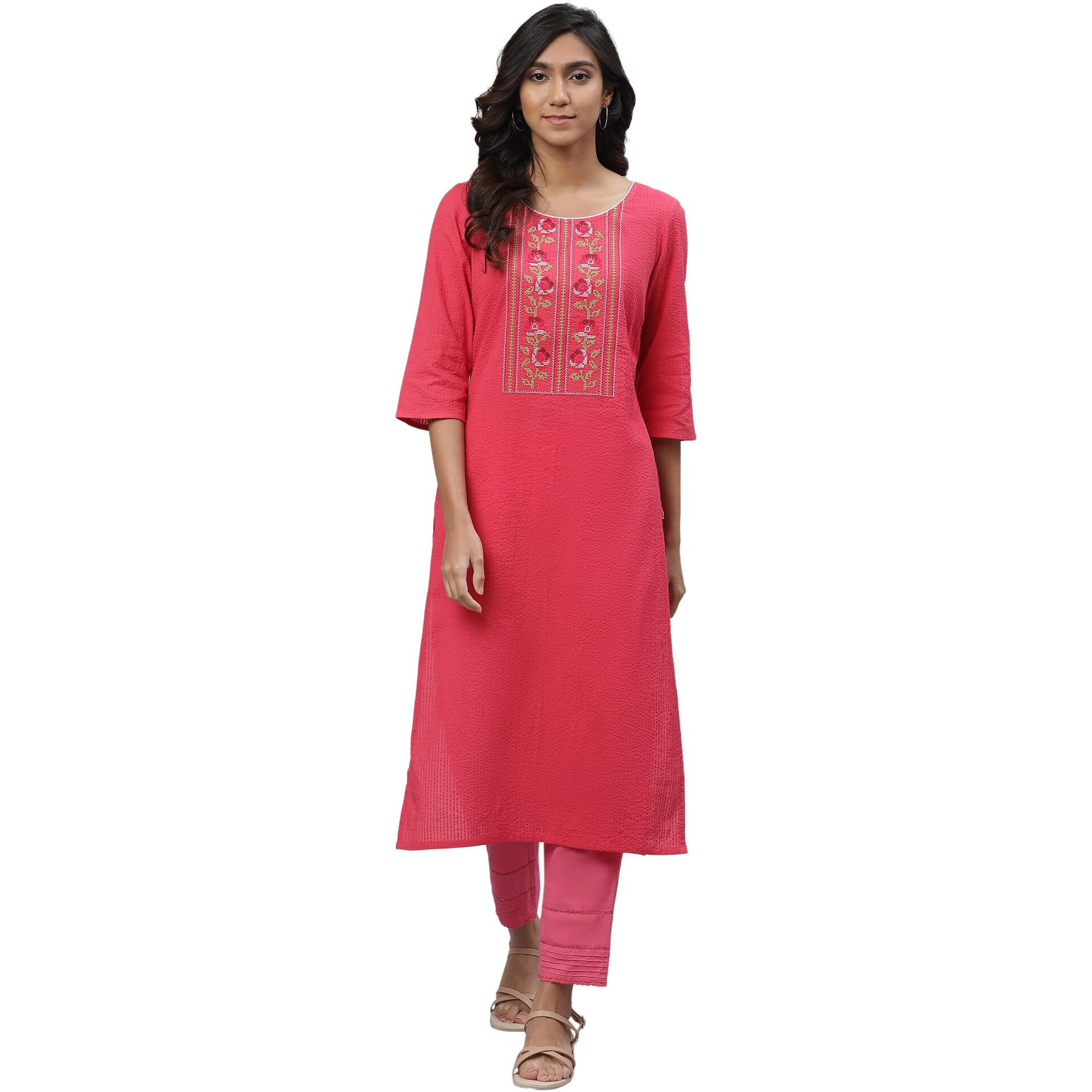 Aurelia Pink Floral Printed Printed Cotton Rayon Straight Long Kurta