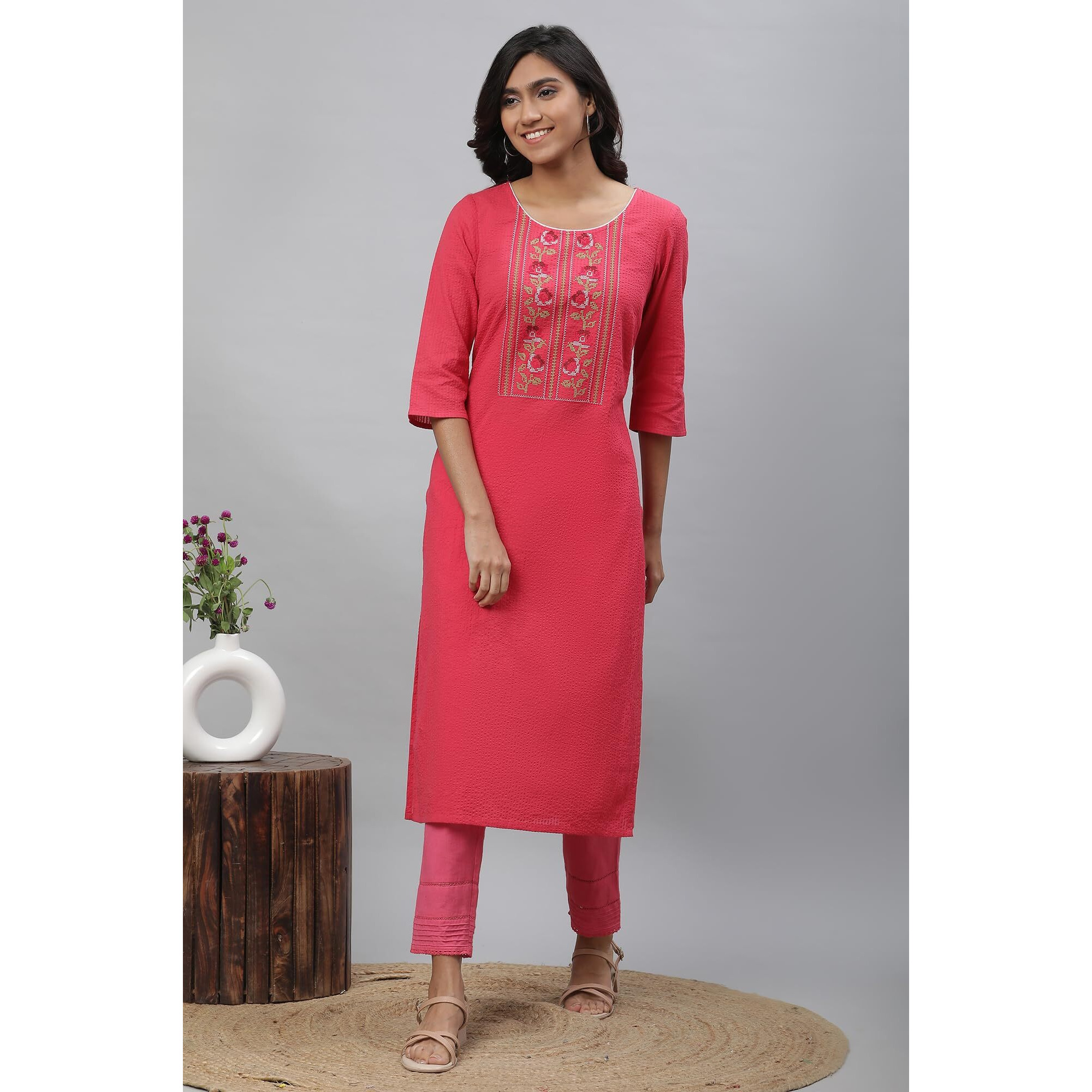 Aurelia Pink Floral Printed Printed Cotton Rayon Straight Long Kurta