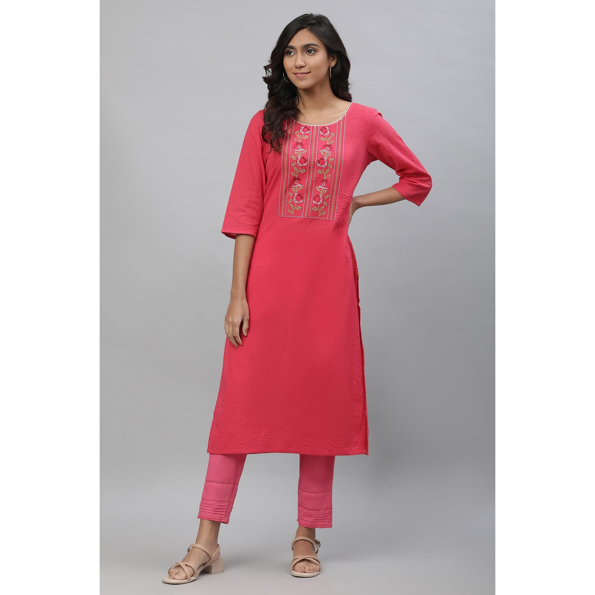 Aurelia Pink Floral Printed Printed Cotton Rayon Straight Long Kurta