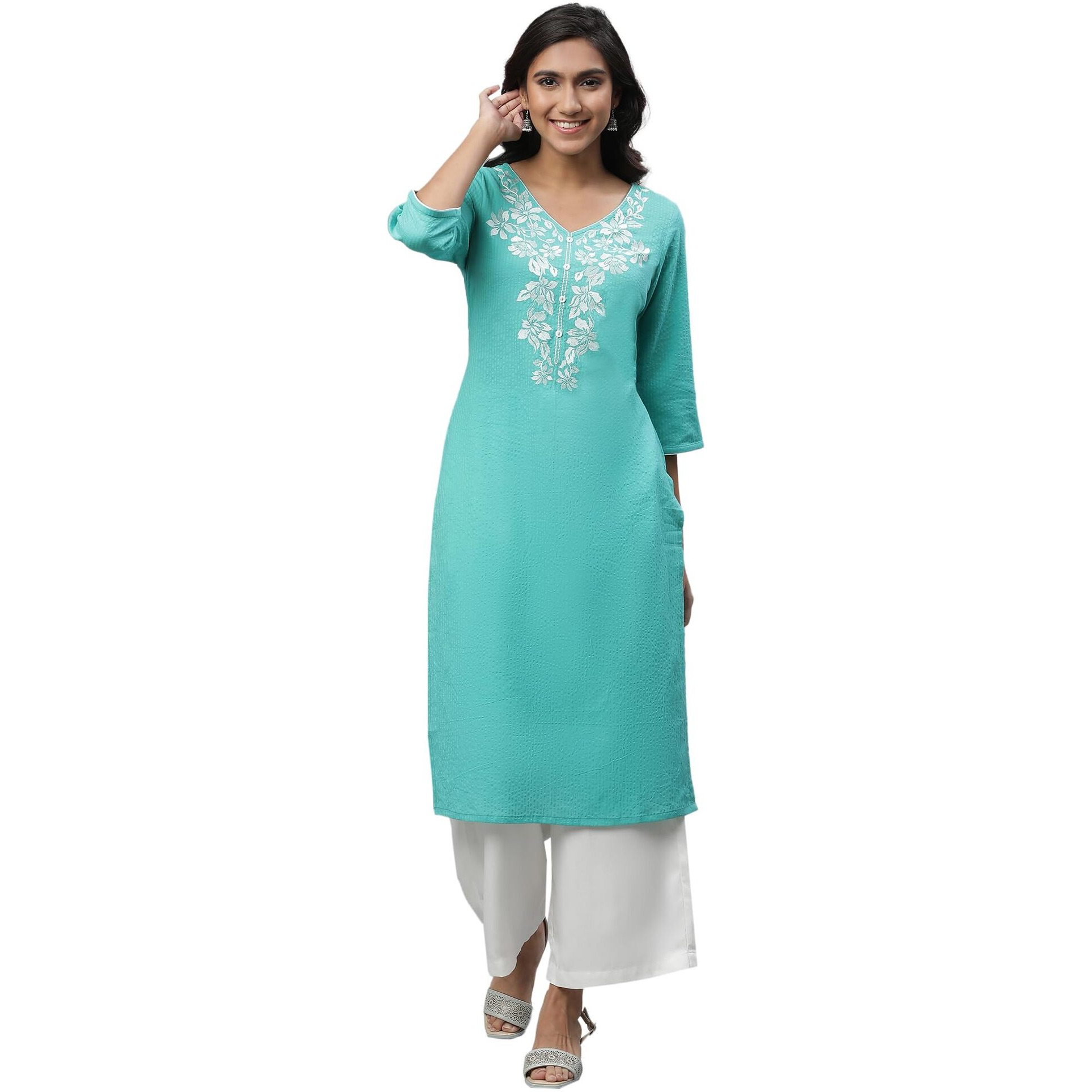 Aurelia Green Floral Printed Printed Cotton Rayon Blend Kurta With Thread Work