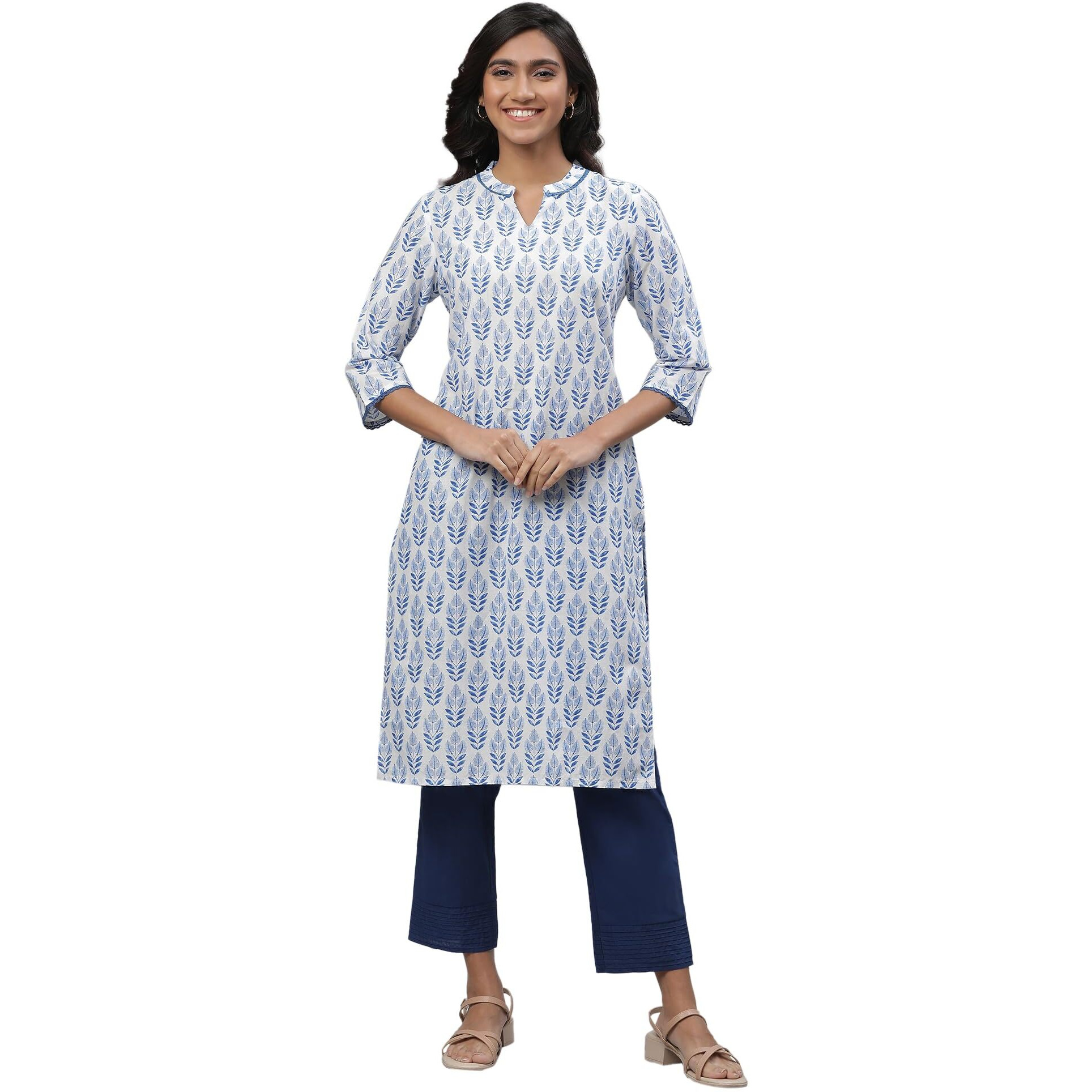 Aurelia White Leaf Print Cotton Long Kurta With Lace