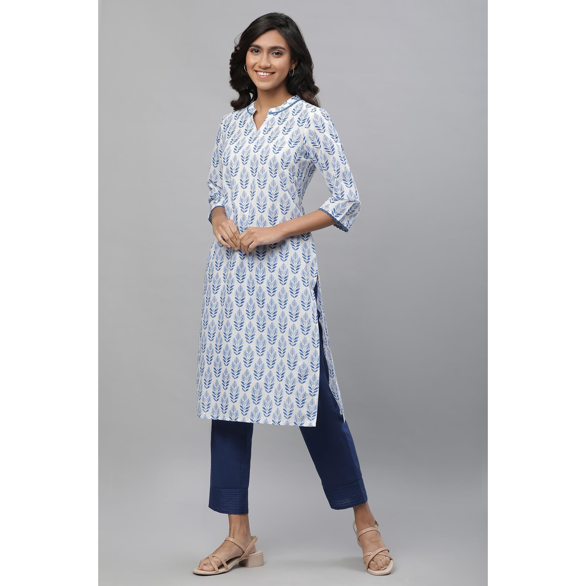 Aurelia White Leaf Print Cotton Long Kurta With Lace