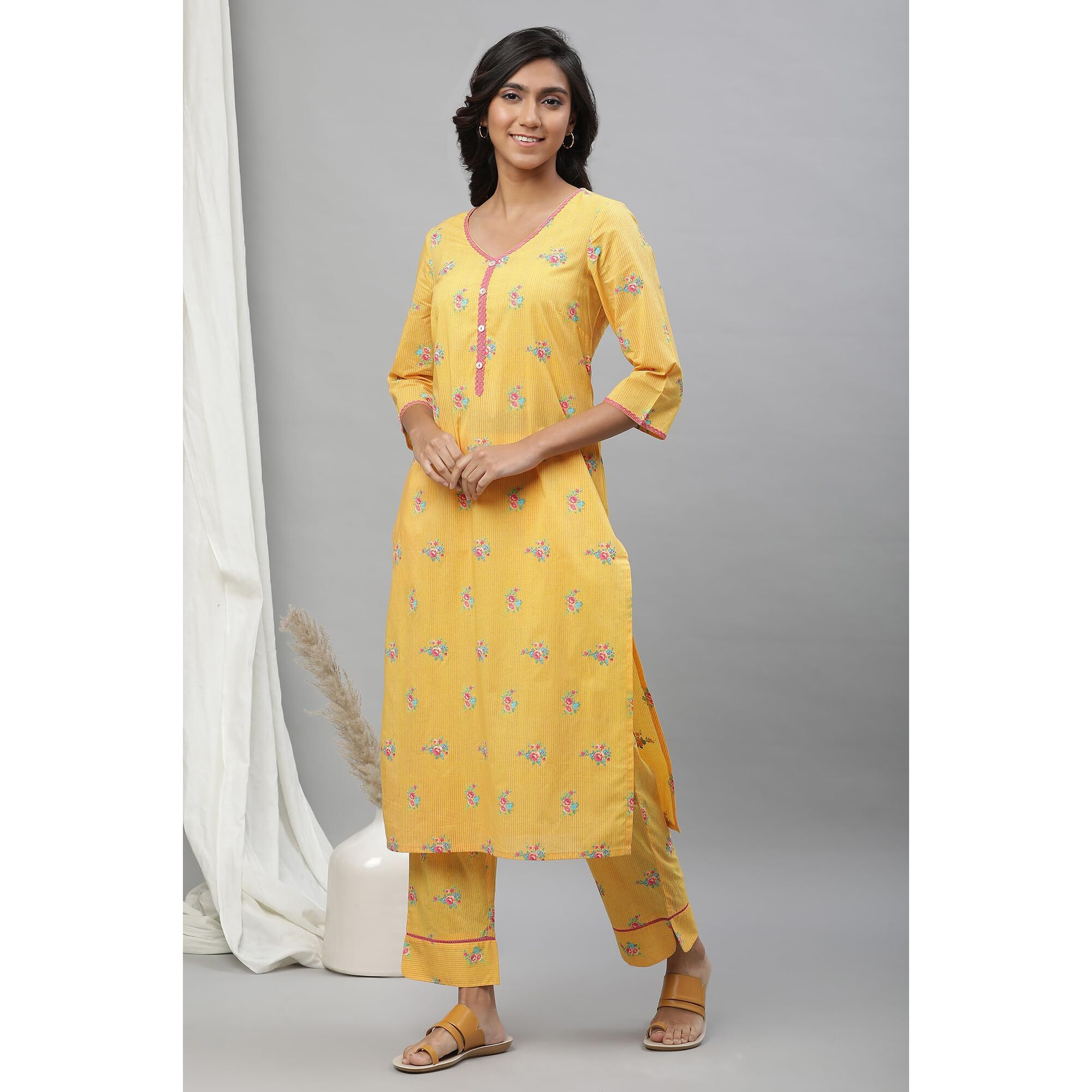 Aurelia Yellow Floral Printed Printed Lace Cotton Straight Long Kurta