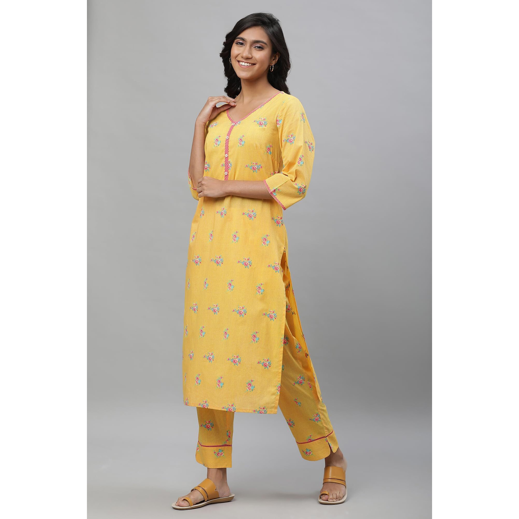 Aurelia Yellow Floral Printed Printed Lace Cotton Straight Long Kurta