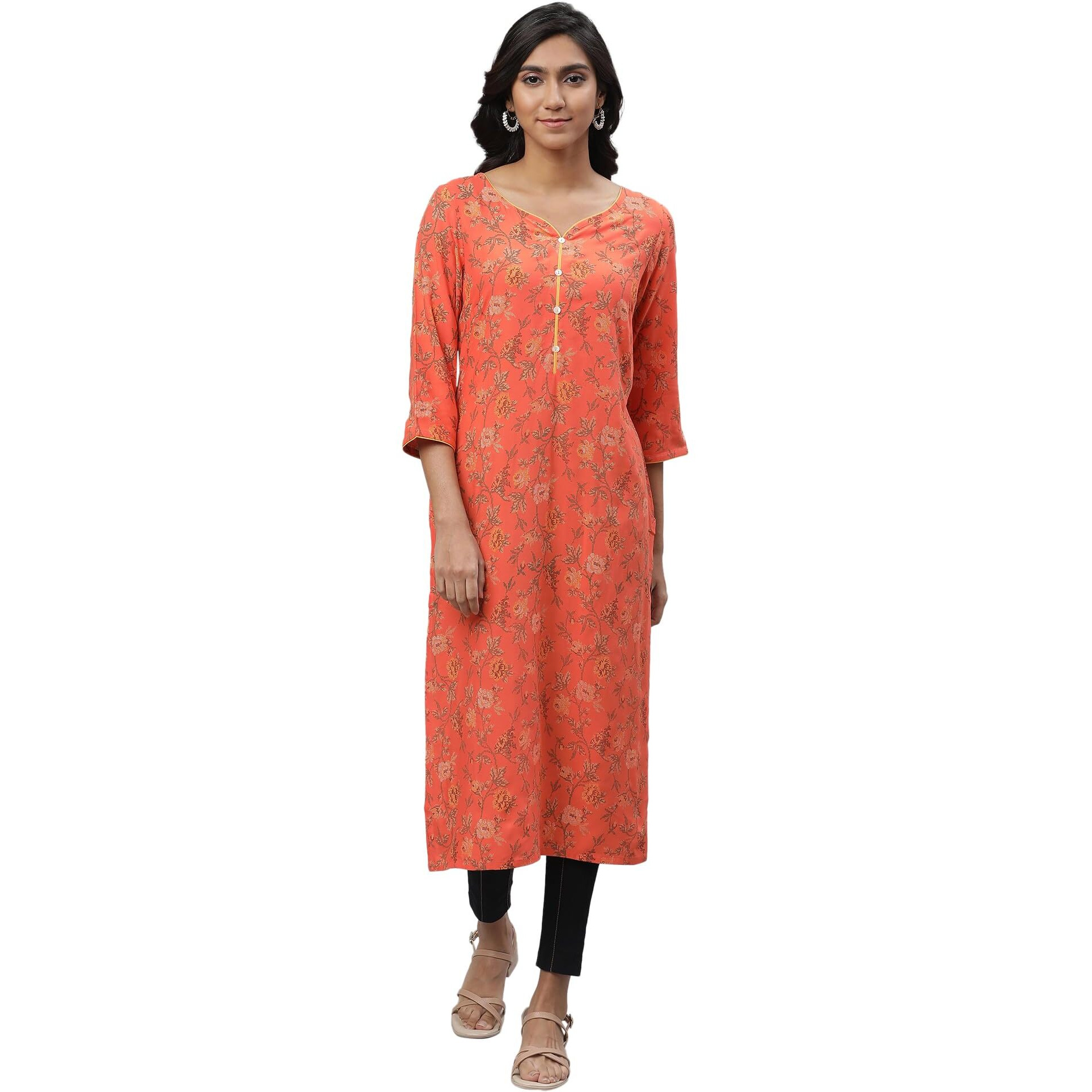 Aurelia Orange Floral Printed Printed Straight Long Kurta For Women