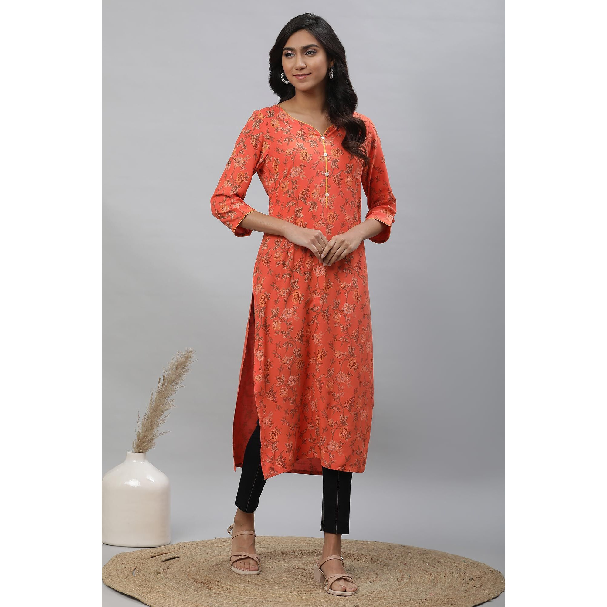 Aurelia Orange Floral Printed Printed Straight Long Kurta For Women