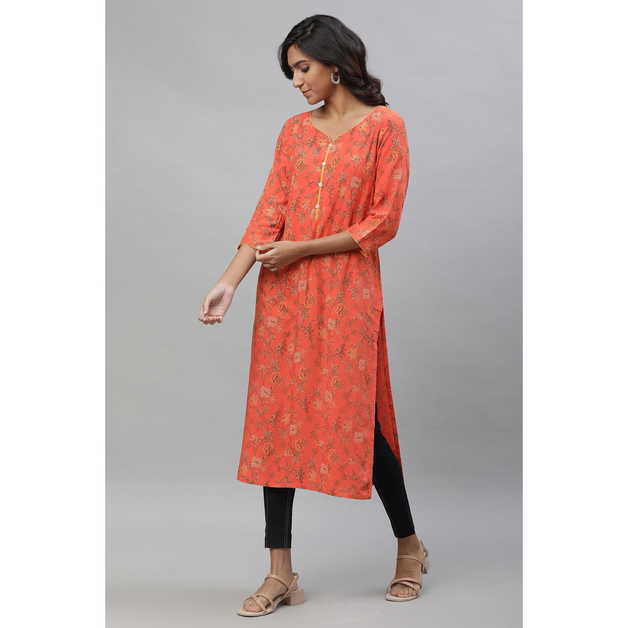Aurelia Orange Floral Printed Printed Straight Long Kurta For Women