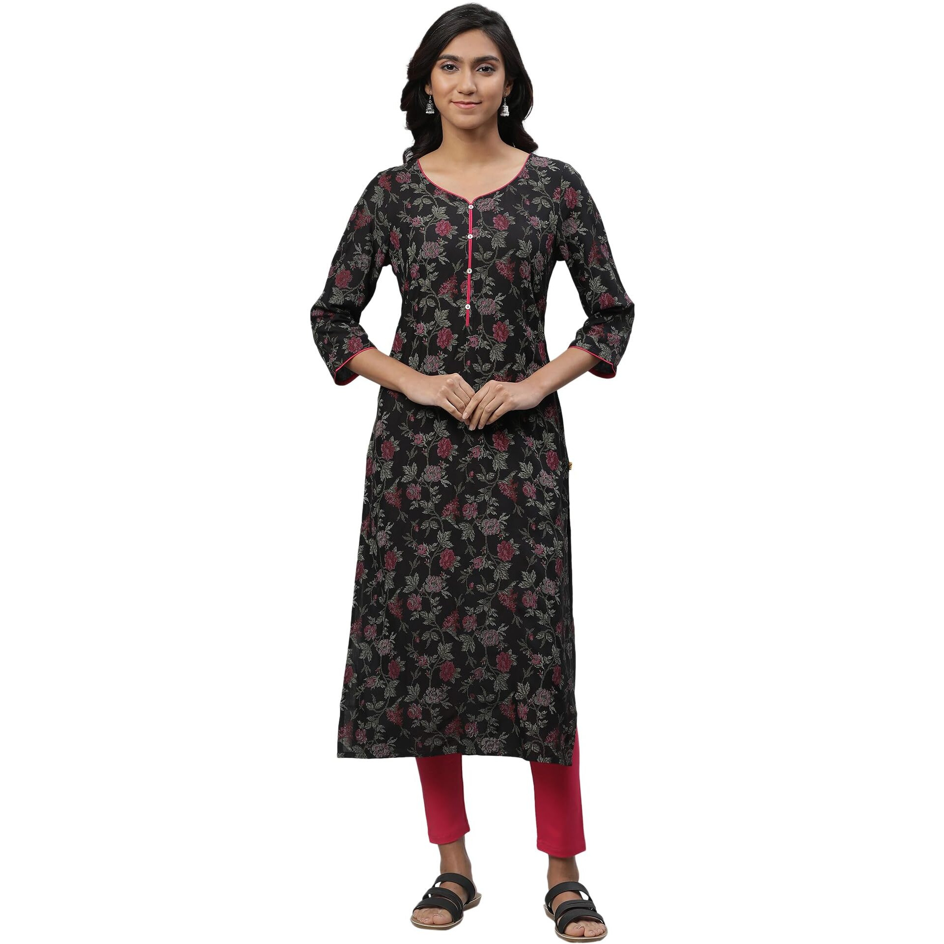 Aurelia Women's Black Floral Printed Viscose Straight Regular Fit Kurta_23Aua14625-507413_S