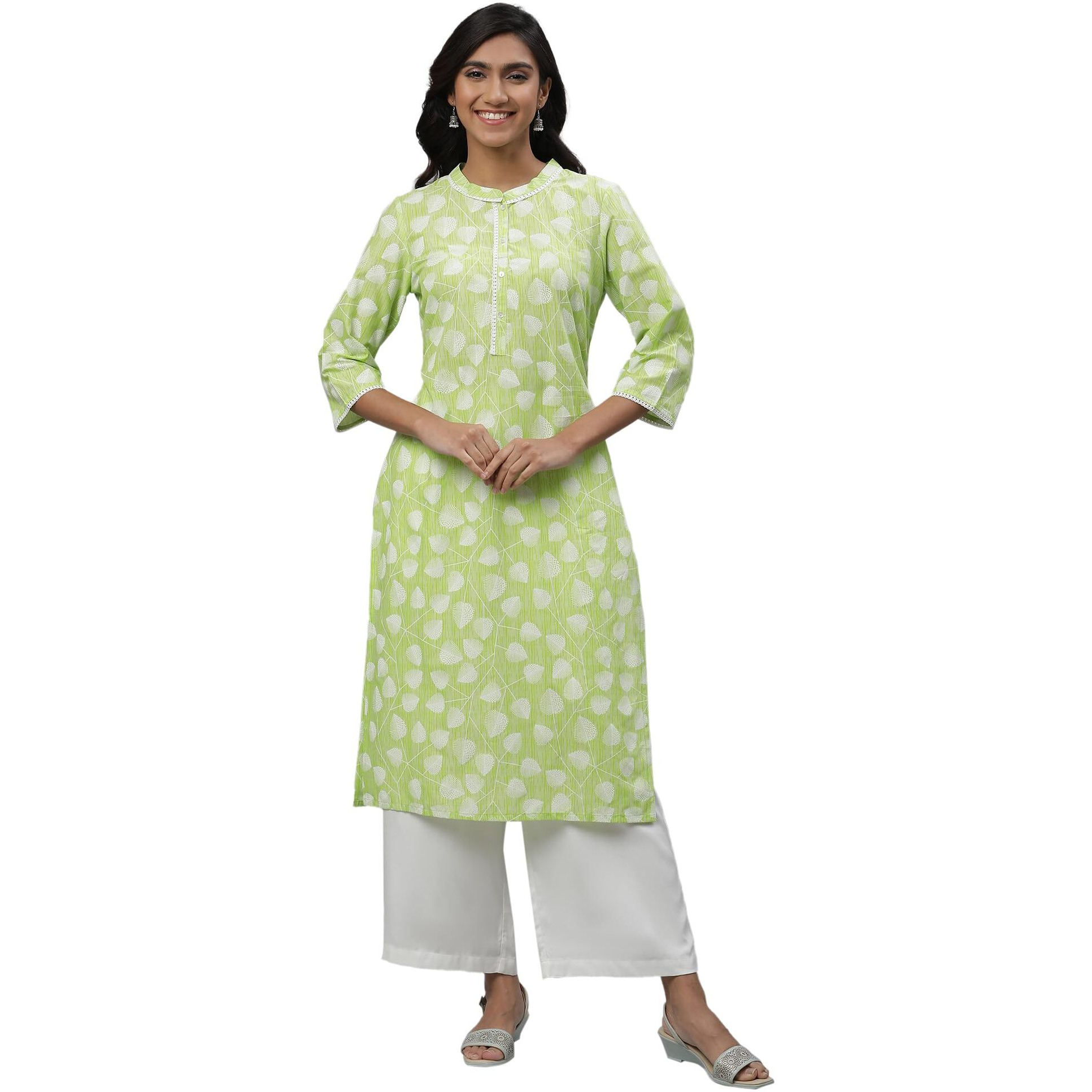 Aurelia Green Floral Printed Printed Lace Cotton Straight Long Kurta
