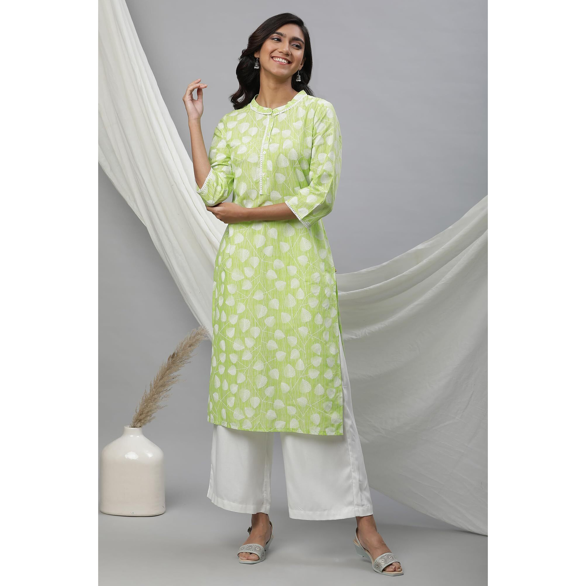 Aurelia Green Floral Printed Printed Lace Cotton Straight Long Kurta