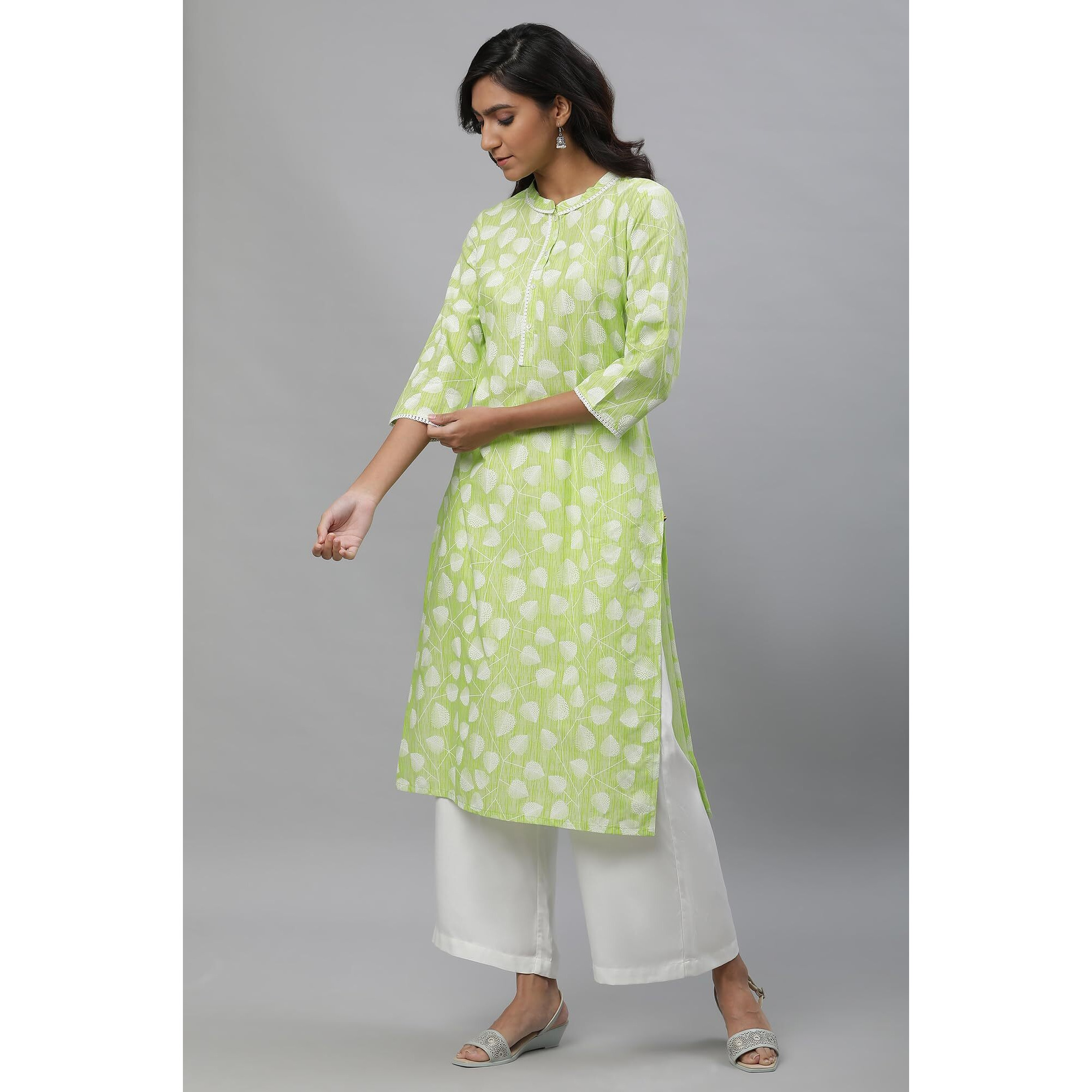 Aurelia Green Floral Printed Printed Lace Cotton Straight Long Kurta