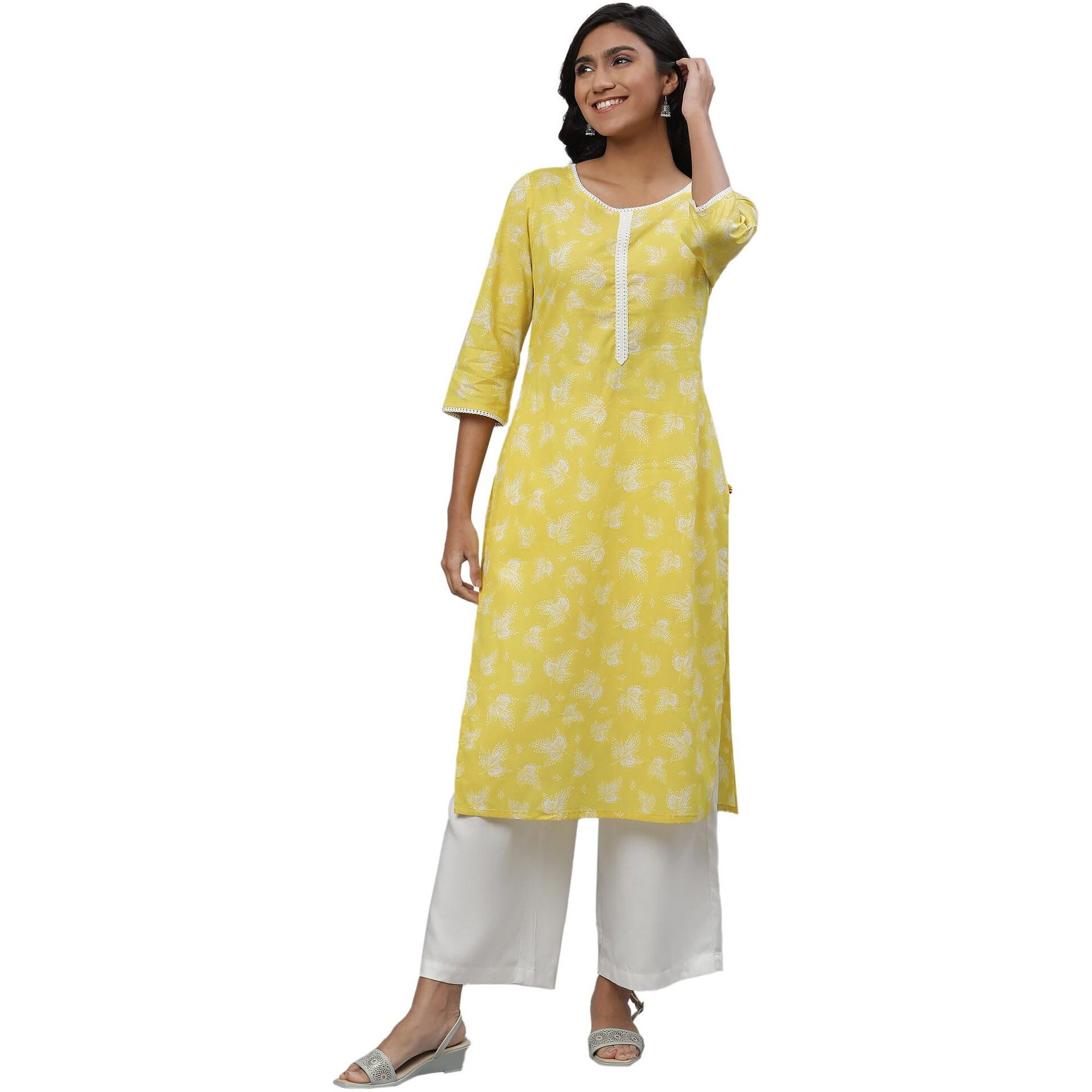 Aurelia Yellow Floral Printed Printed Lace Cotton Straight Long Kurta For Women