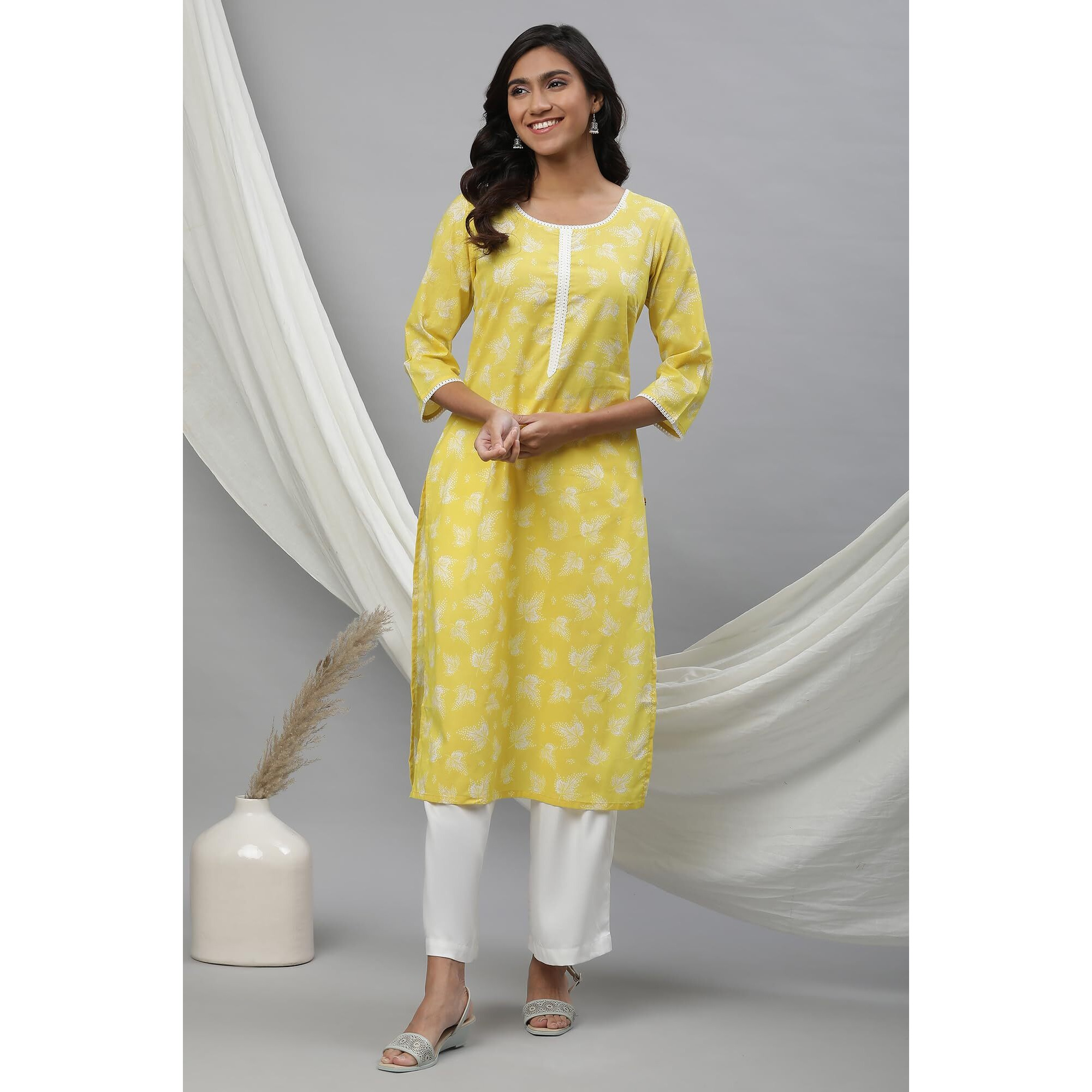Aurelia Yellow Floral Printed Printed Lace Cotton Straight Long Kurta For Women