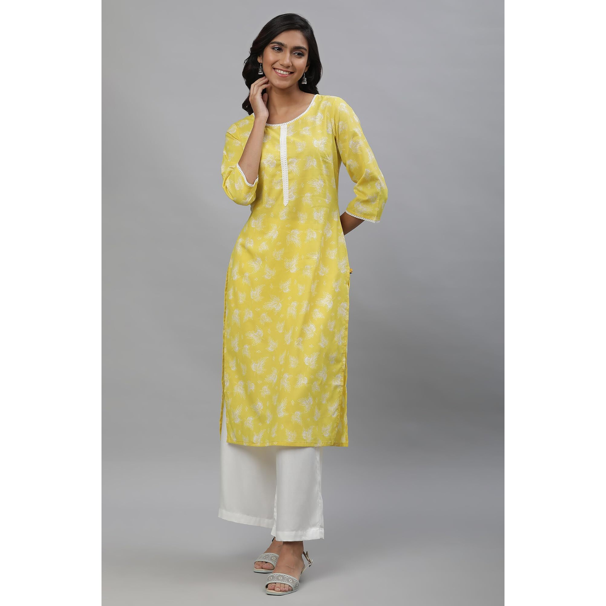 Aurelia Yellow Floral Printed Printed Lace Cotton Straight Long Kurta For Women
