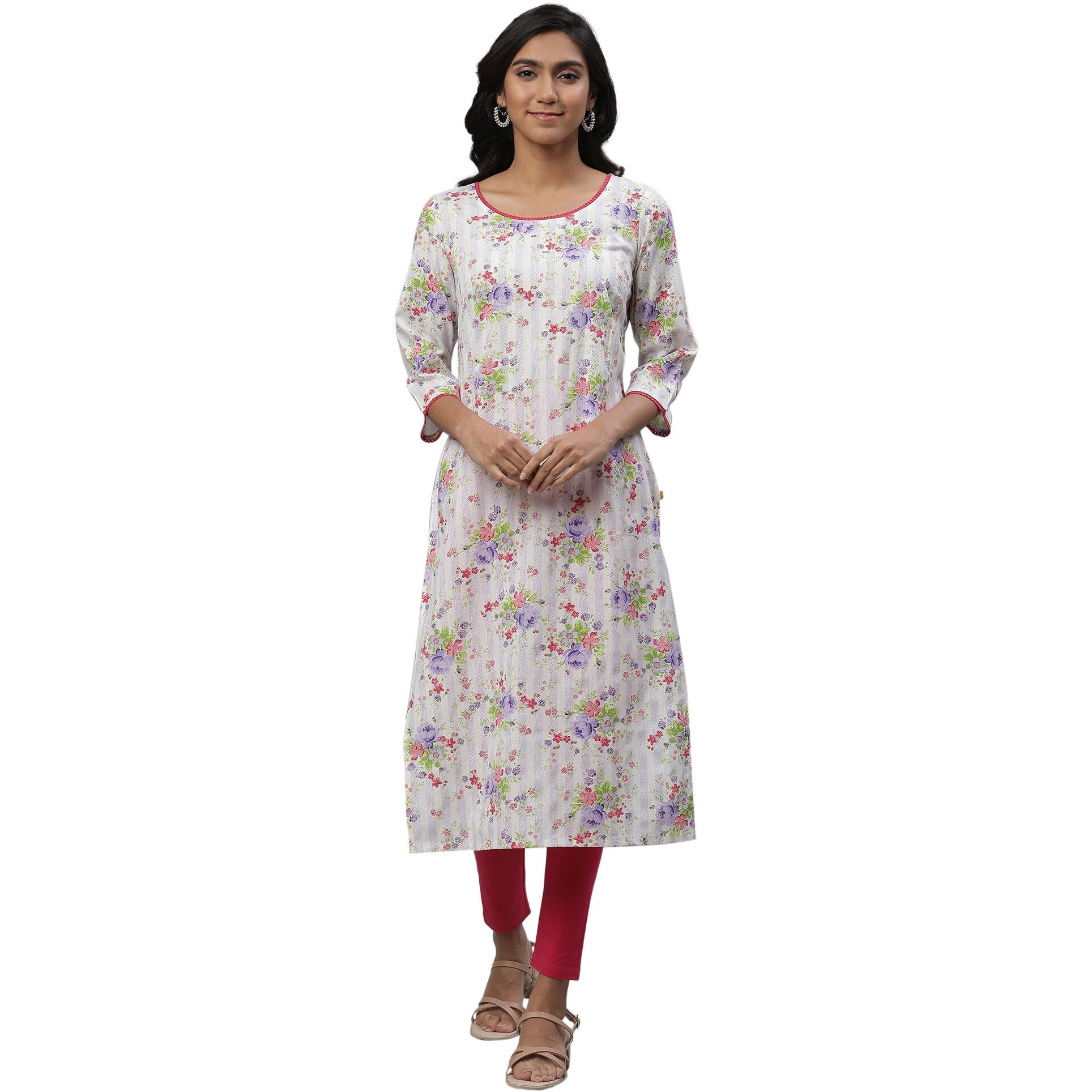 Aurelia White Floral Printed Printed Lace Cotton Straight Long Kurta