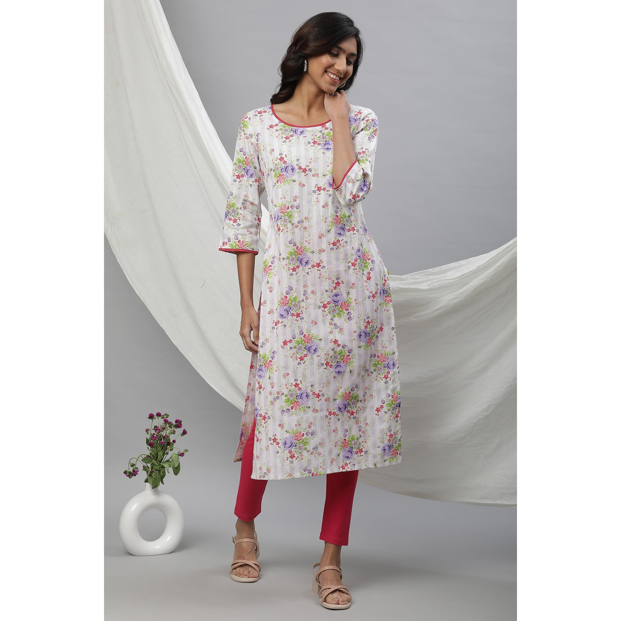 Aurelia White Floral Printed Printed Lace Cotton Straight Long Kurta