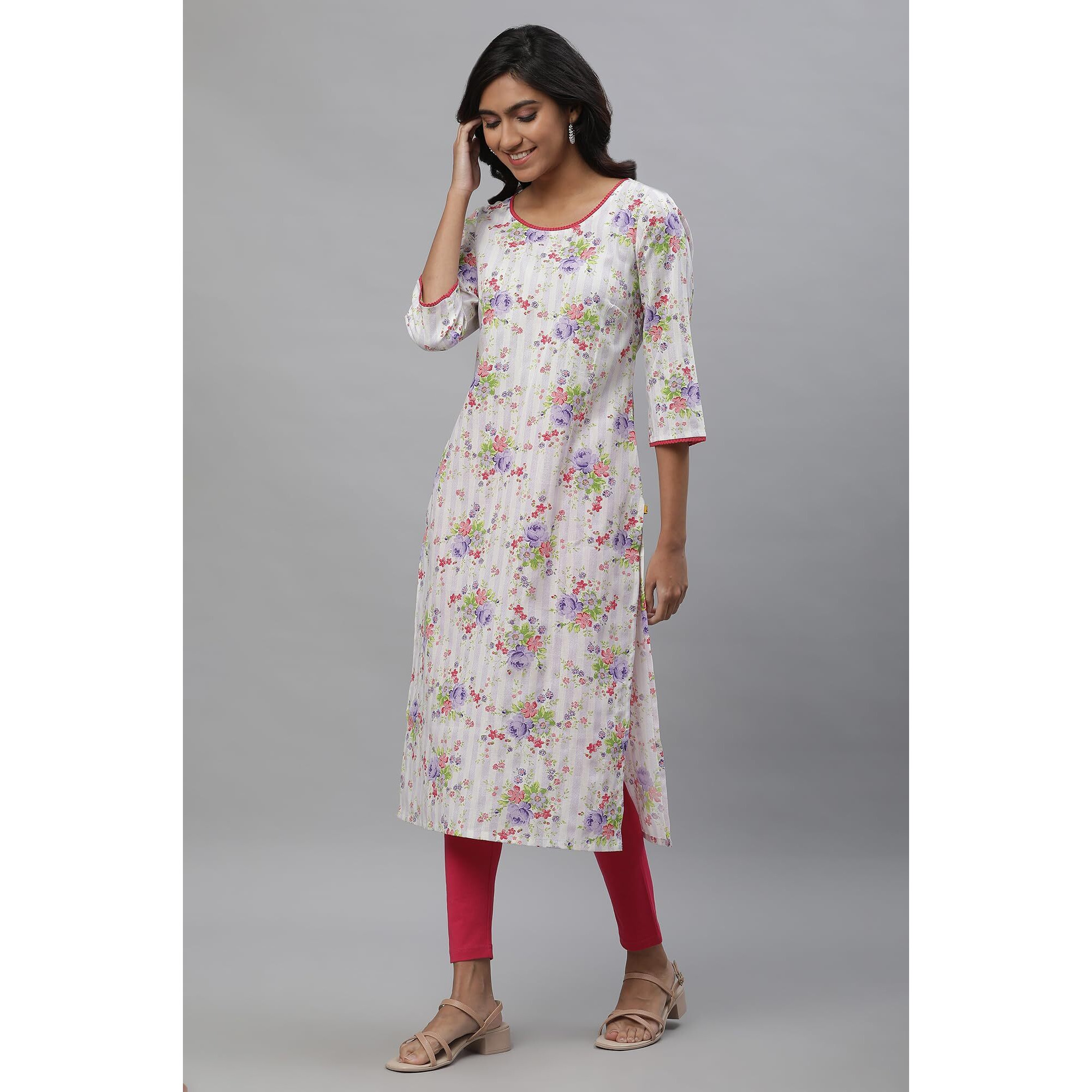 Aurelia White Floral Printed Printed Lace Cotton Straight Long Kurta