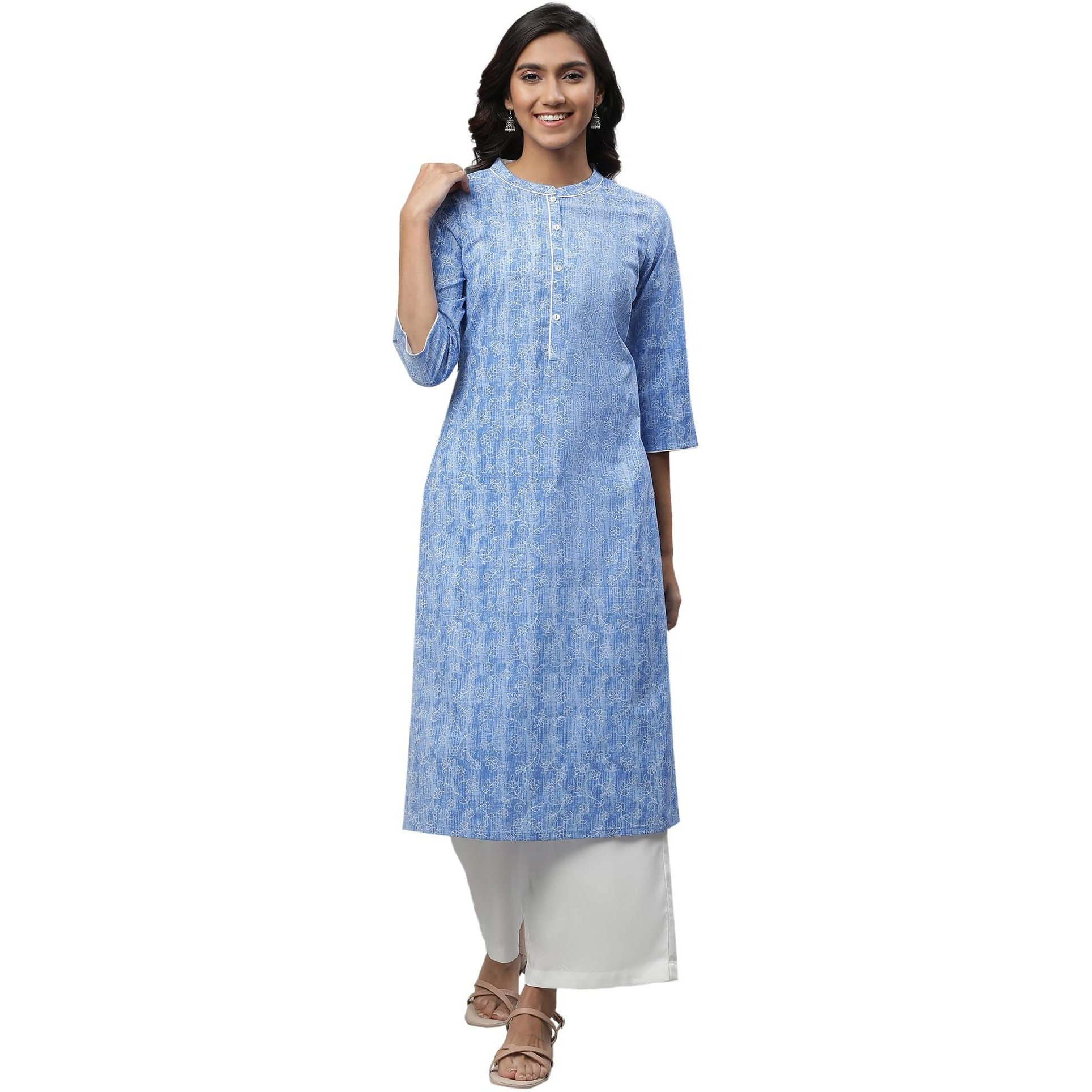 Aurelia Blue Floral Printed Printed Cotton Straight Long Kurta For Women