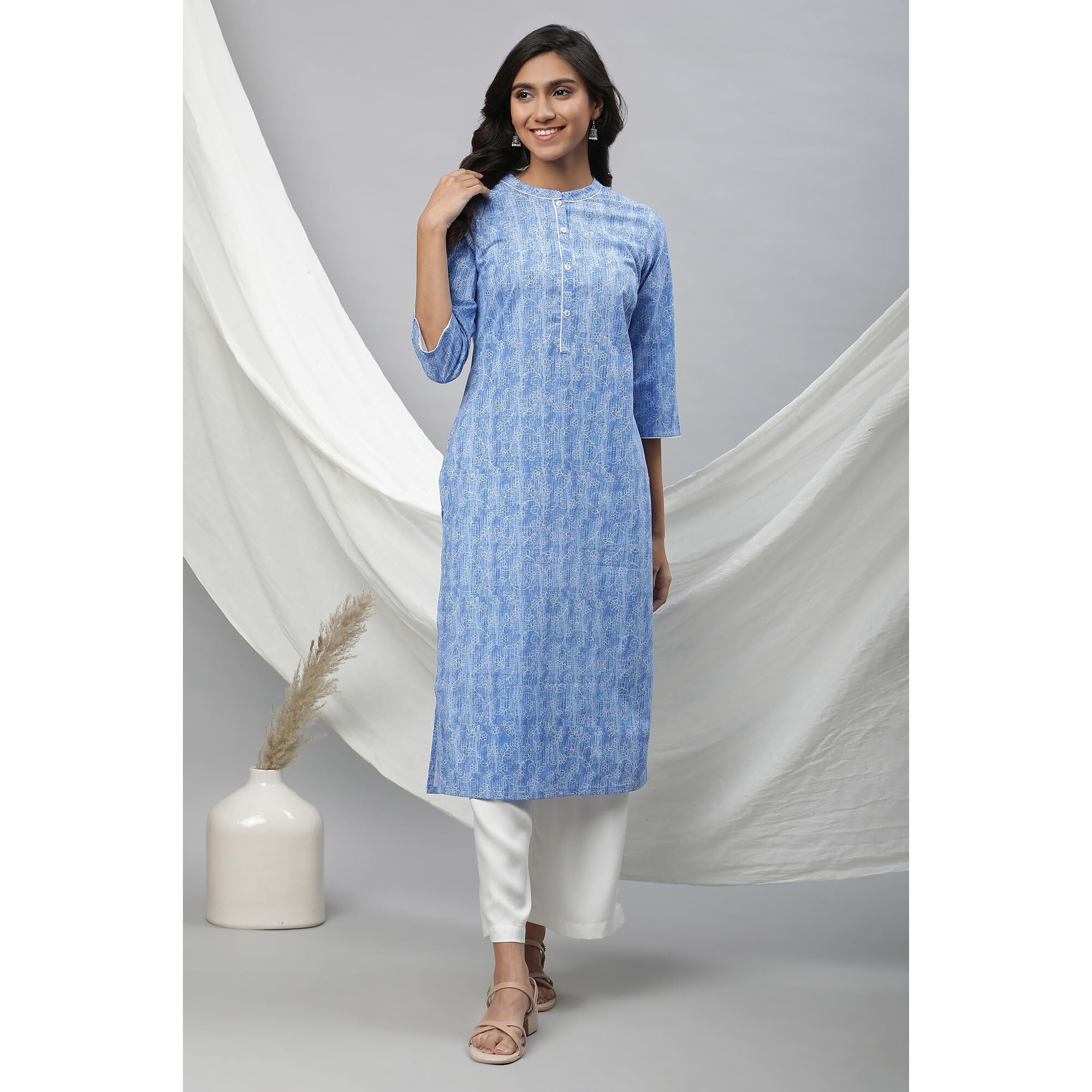 Aurelia Blue Floral Printed Printed Cotton Straight Long Kurta For Women