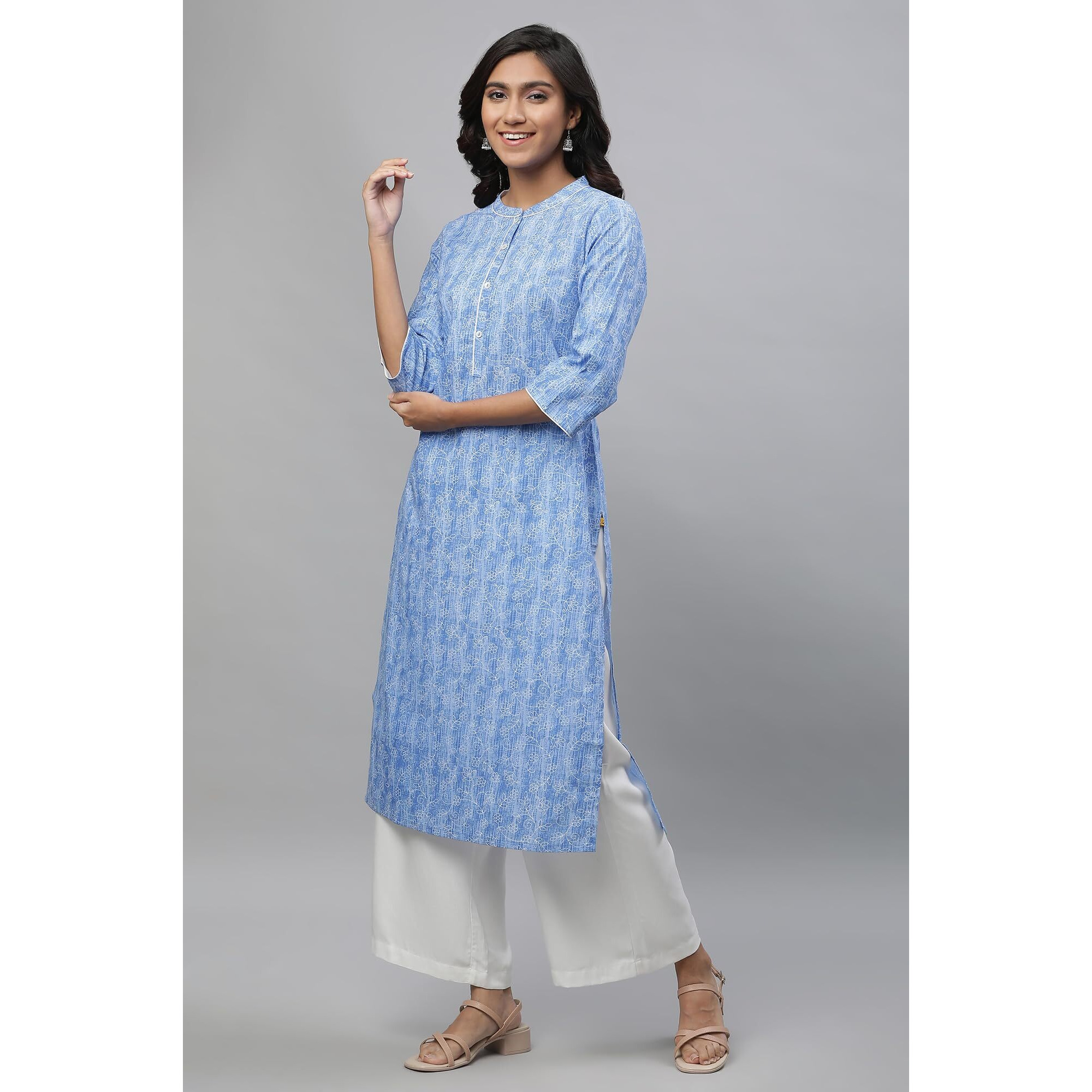 Aurelia Blue Floral Printed Printed Cotton Straight Long Kurta For Women