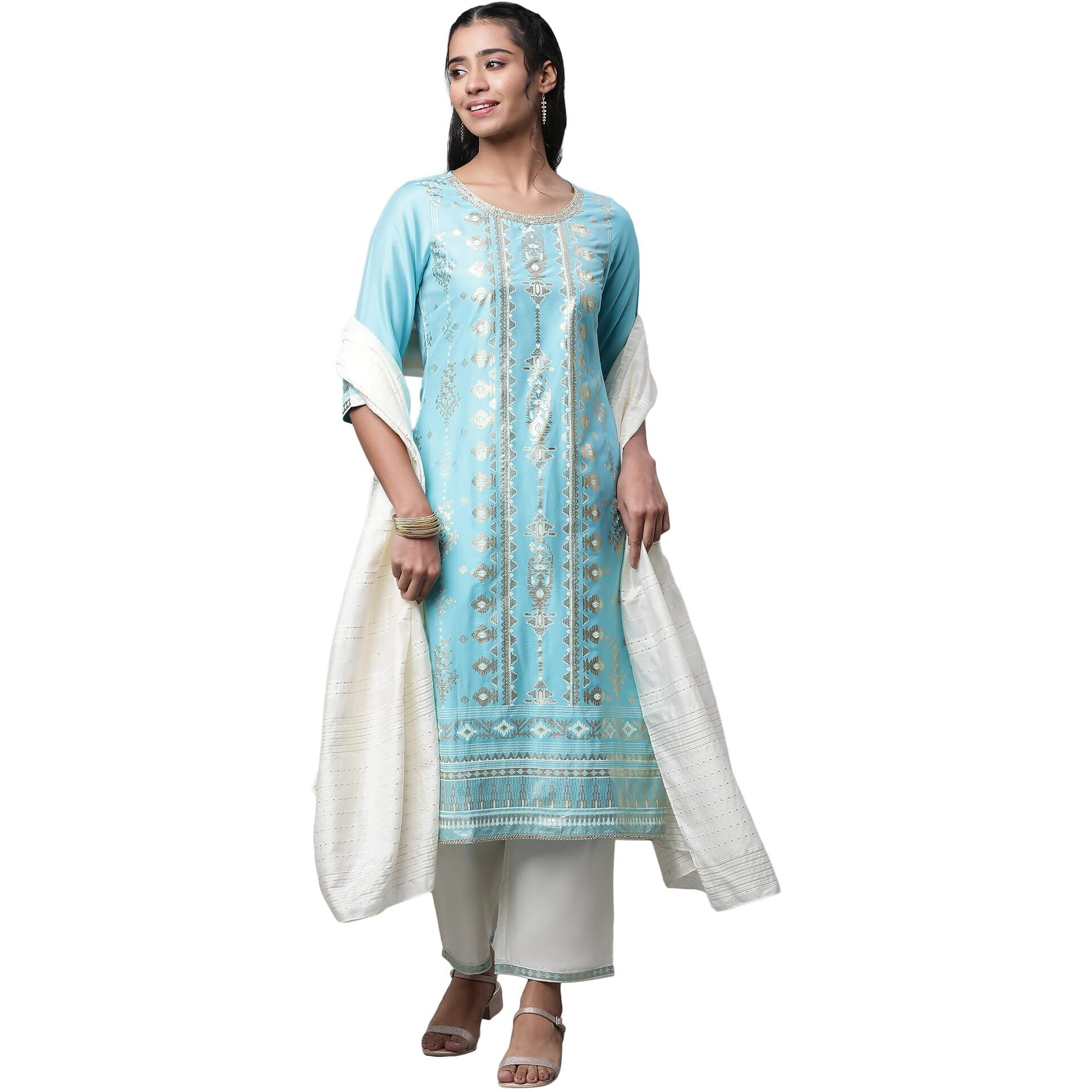 Aurelia Women Sea Jet Viscose Straight Kurta, Trousers, Dupatta Suit Set