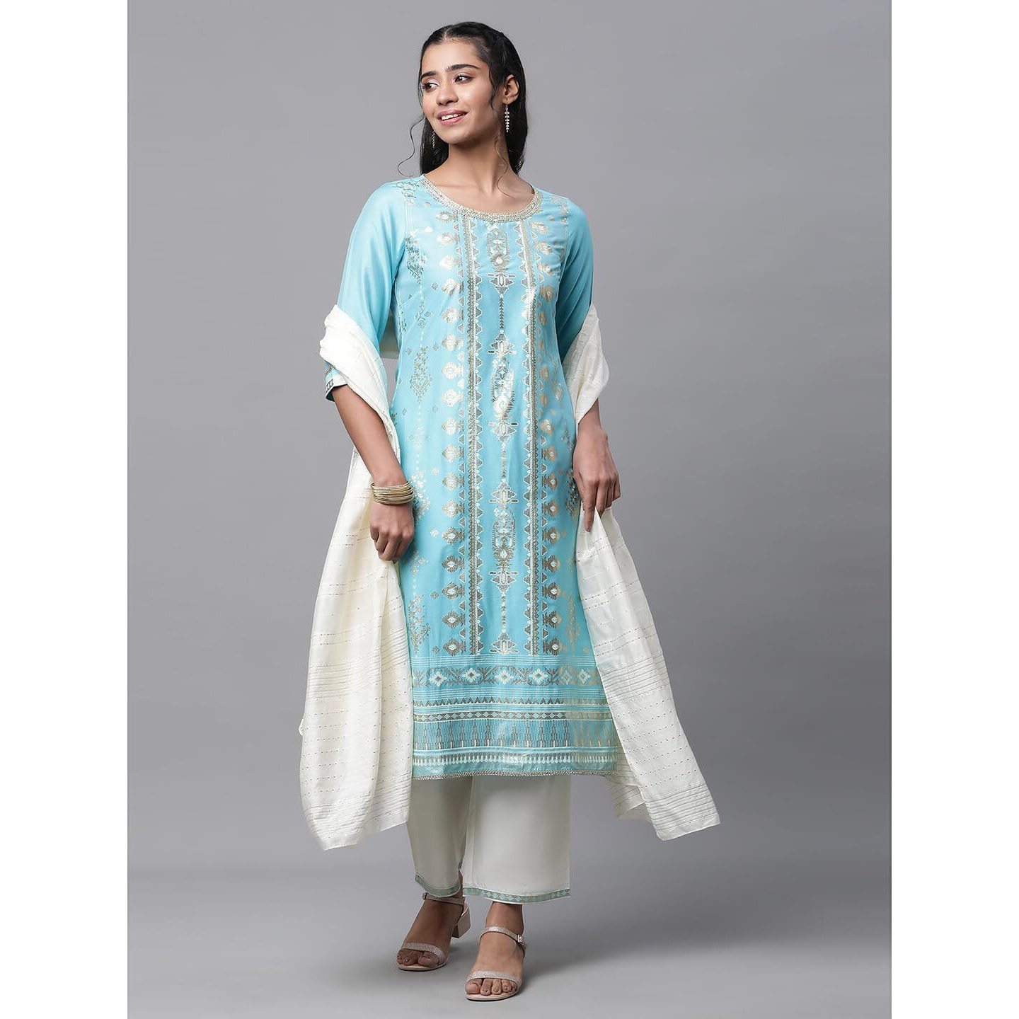 Aurelia Women Sea Jet Viscose Straight Kurta, Trousers, Dupatta Suit Set