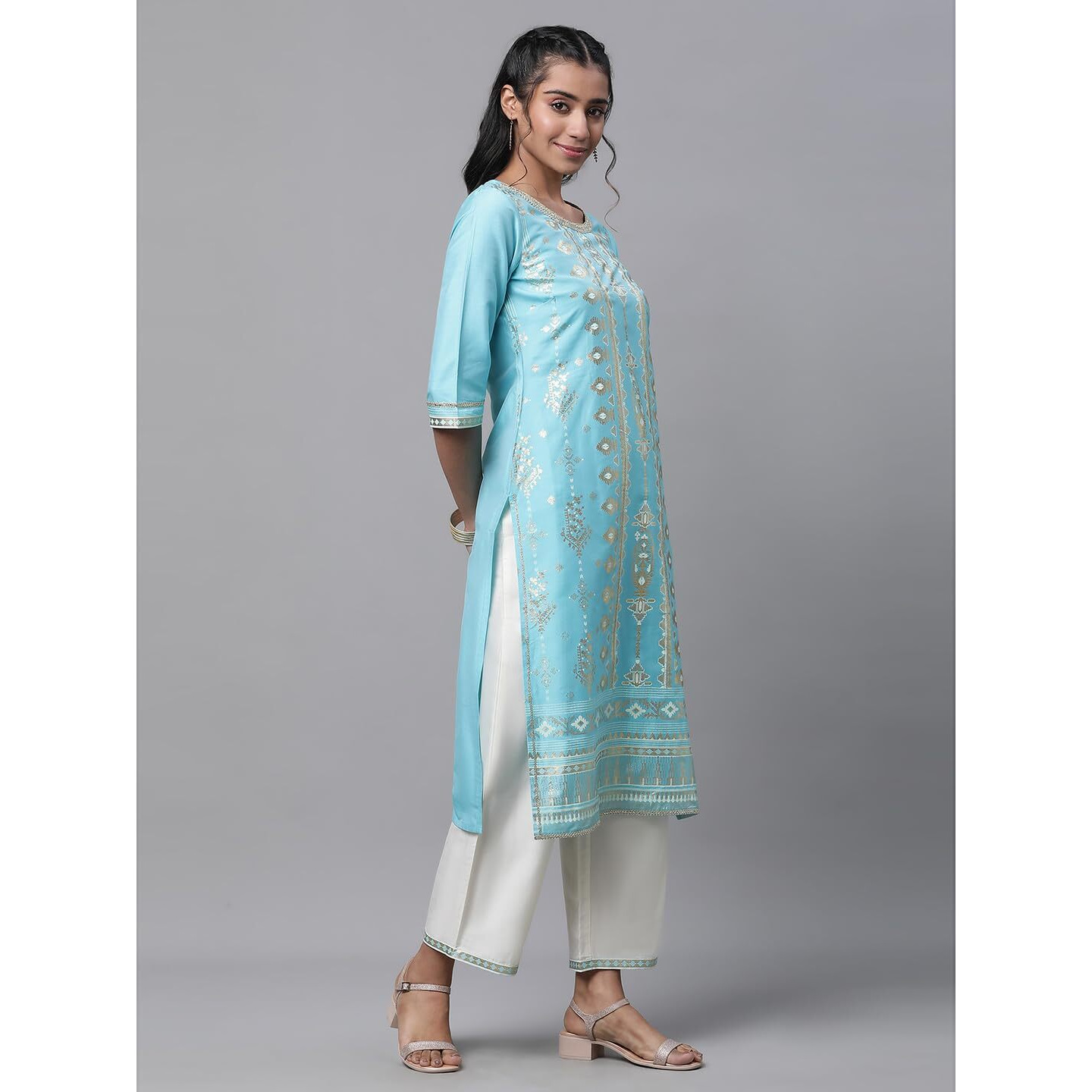 Aurelia Women Sea Jet Viscose Straight Kurta, Trousers, Dupatta Suit Set