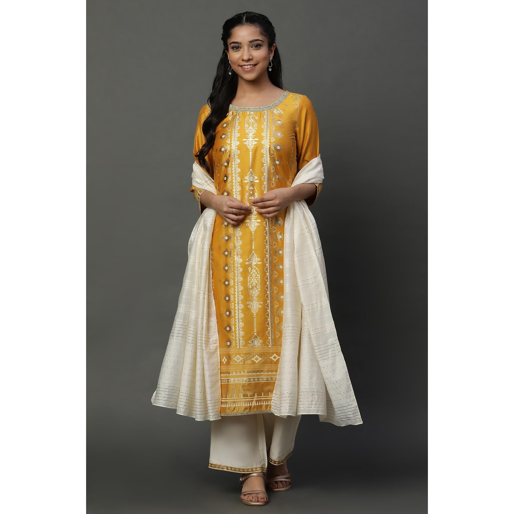 Aurelia Yellow Abstract Printed Geometric Printed Blend Kurta Dupatta Bottomwear