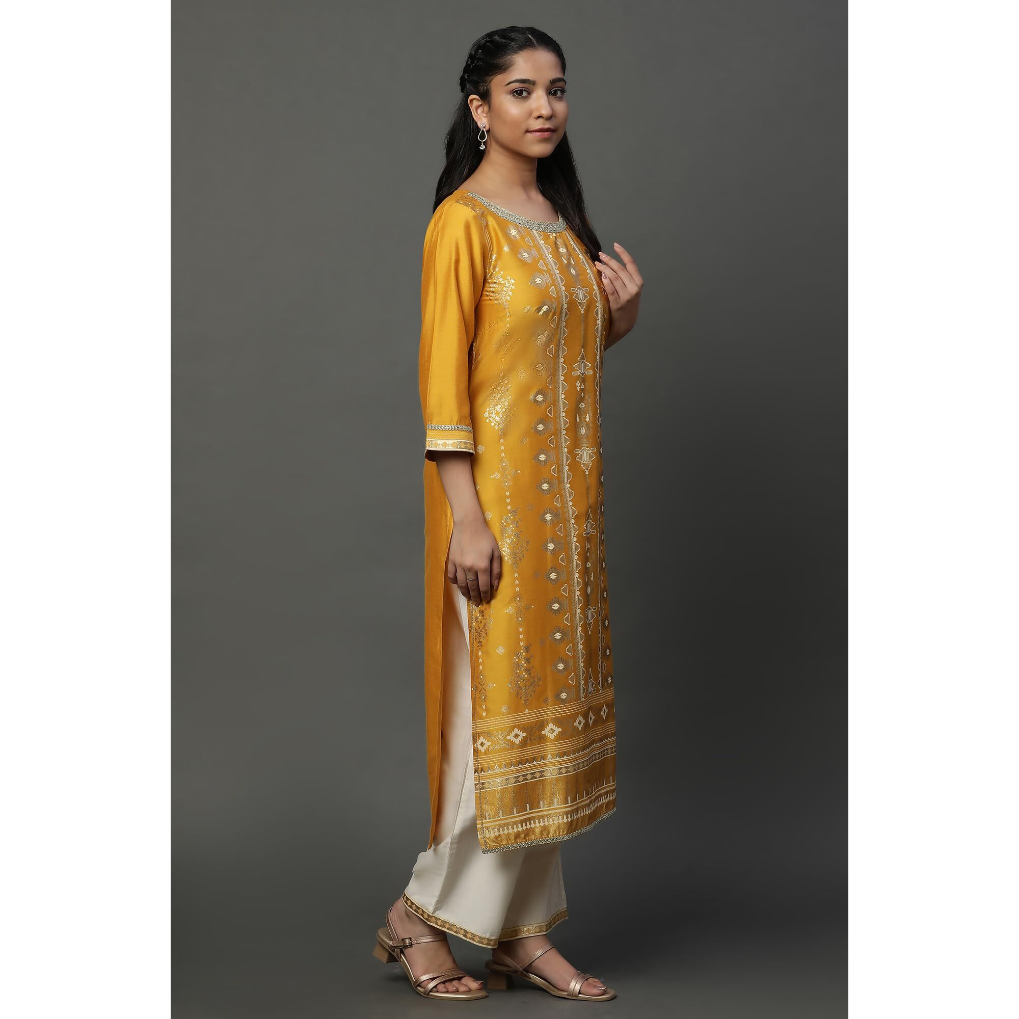 Aurelia Yellow Abstract Printed Geometric Printed Blend Kurta Dupatta Bottomwear