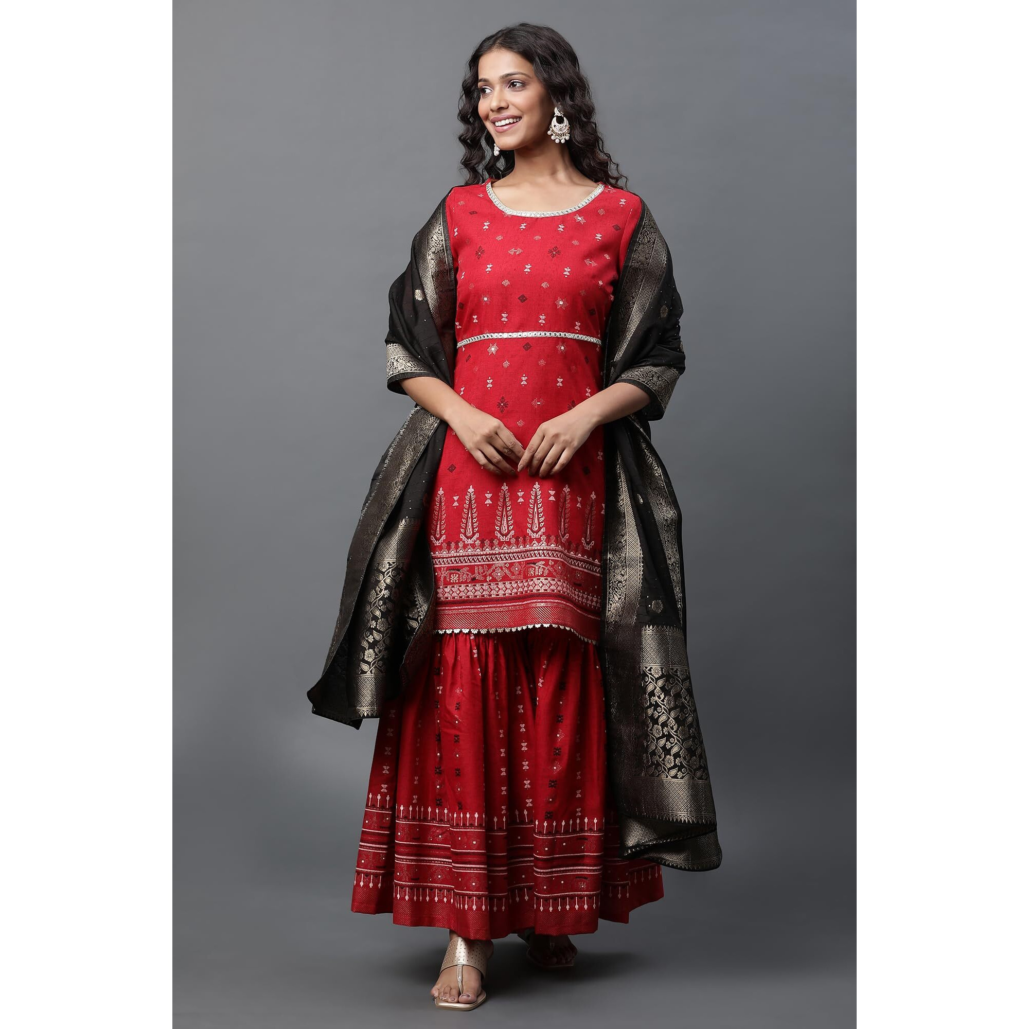 Aurelia Women's Marron Polyester Flared Solid Kurta, Sharara, Dupatta Suit Set_23Aud14566-507665_L