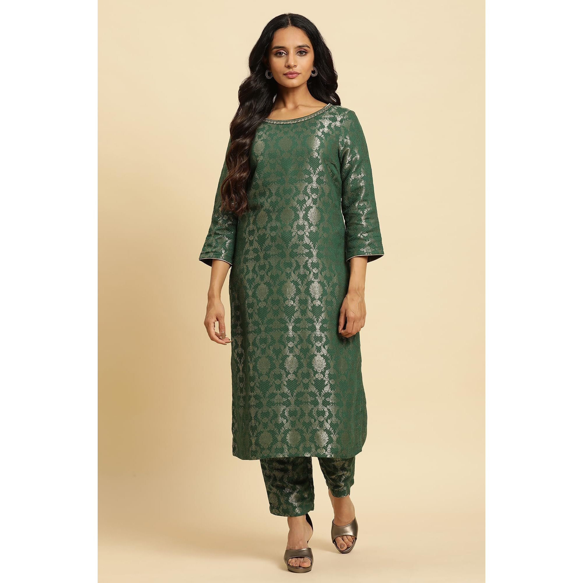W For Woman Women's Rayon Floral Regular Fit Kurta (23Auw19807-312591_Green, Medium