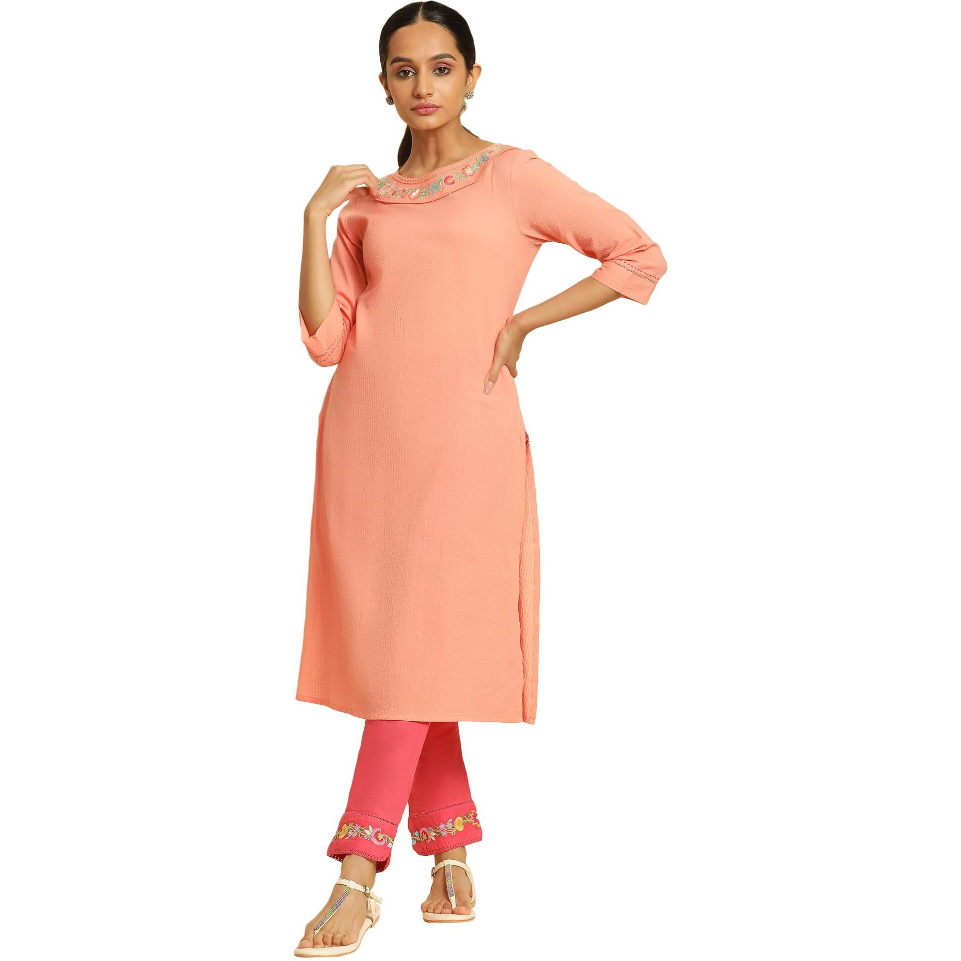 W Embroidered Cotton Regular Kurta For Women In Orange