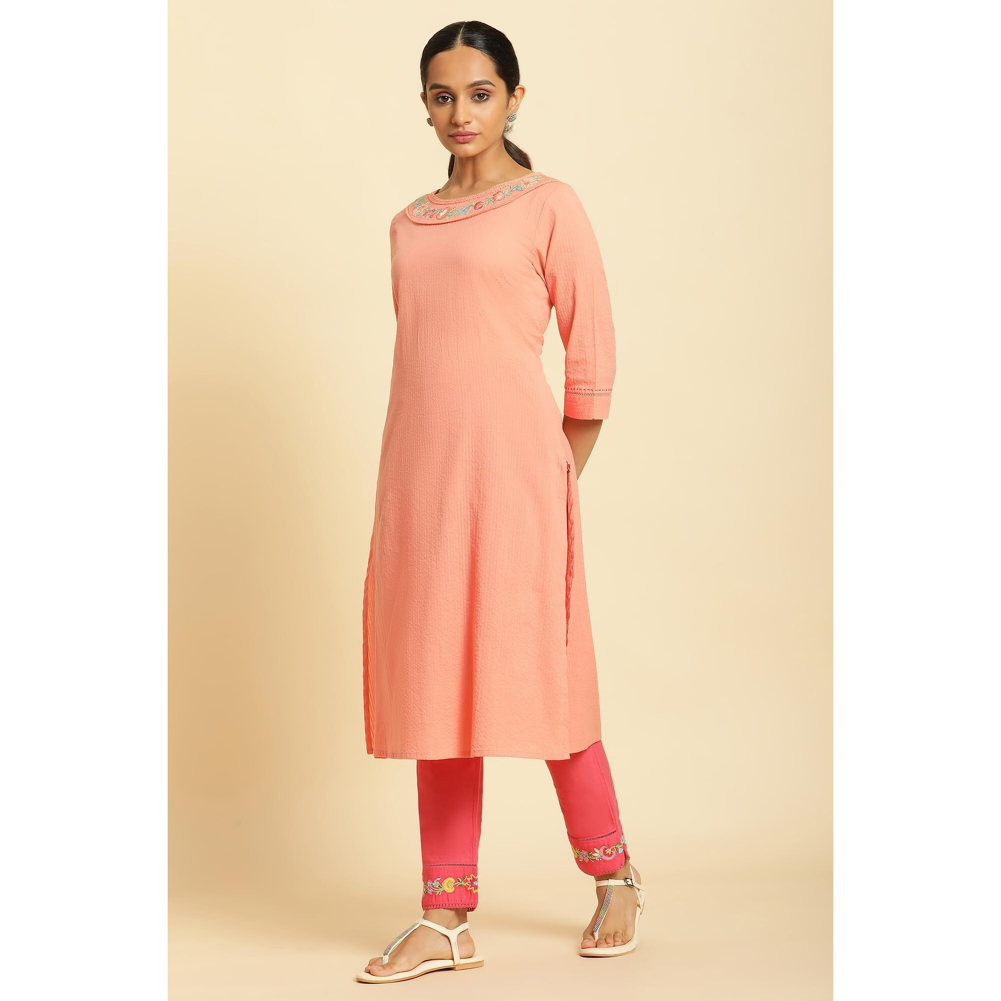 W Embroidered Cotton Regular Kurta For Women In Orange