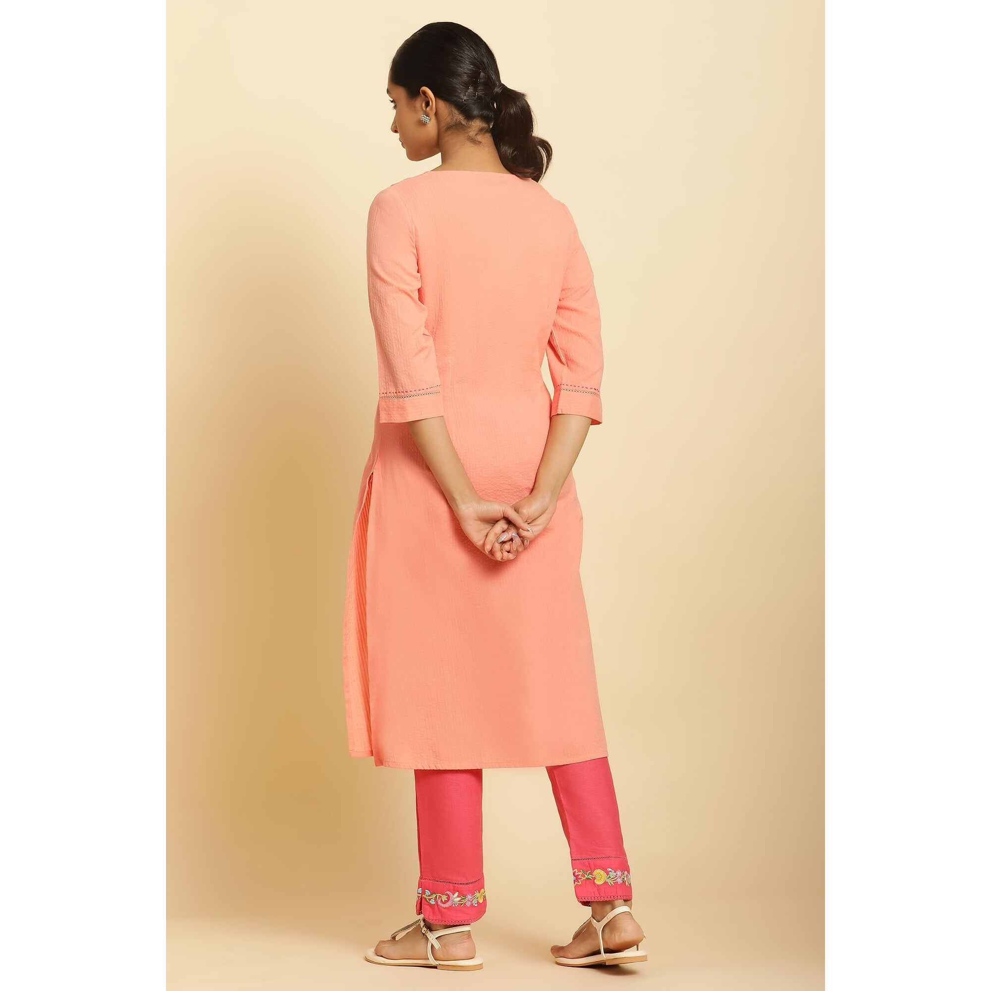 W Embroidered Cotton Regular Kurta For Women In Orange