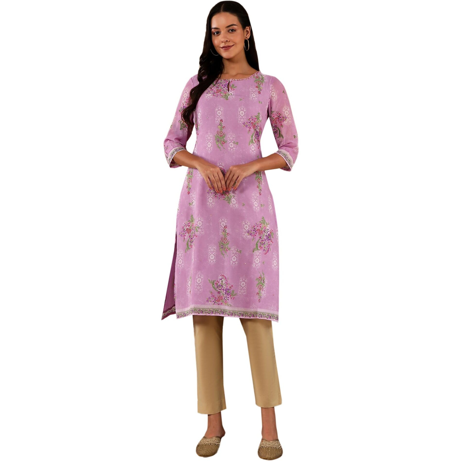 W Purple Floral Printed Synthetic Regular Sequin Kurta For Women