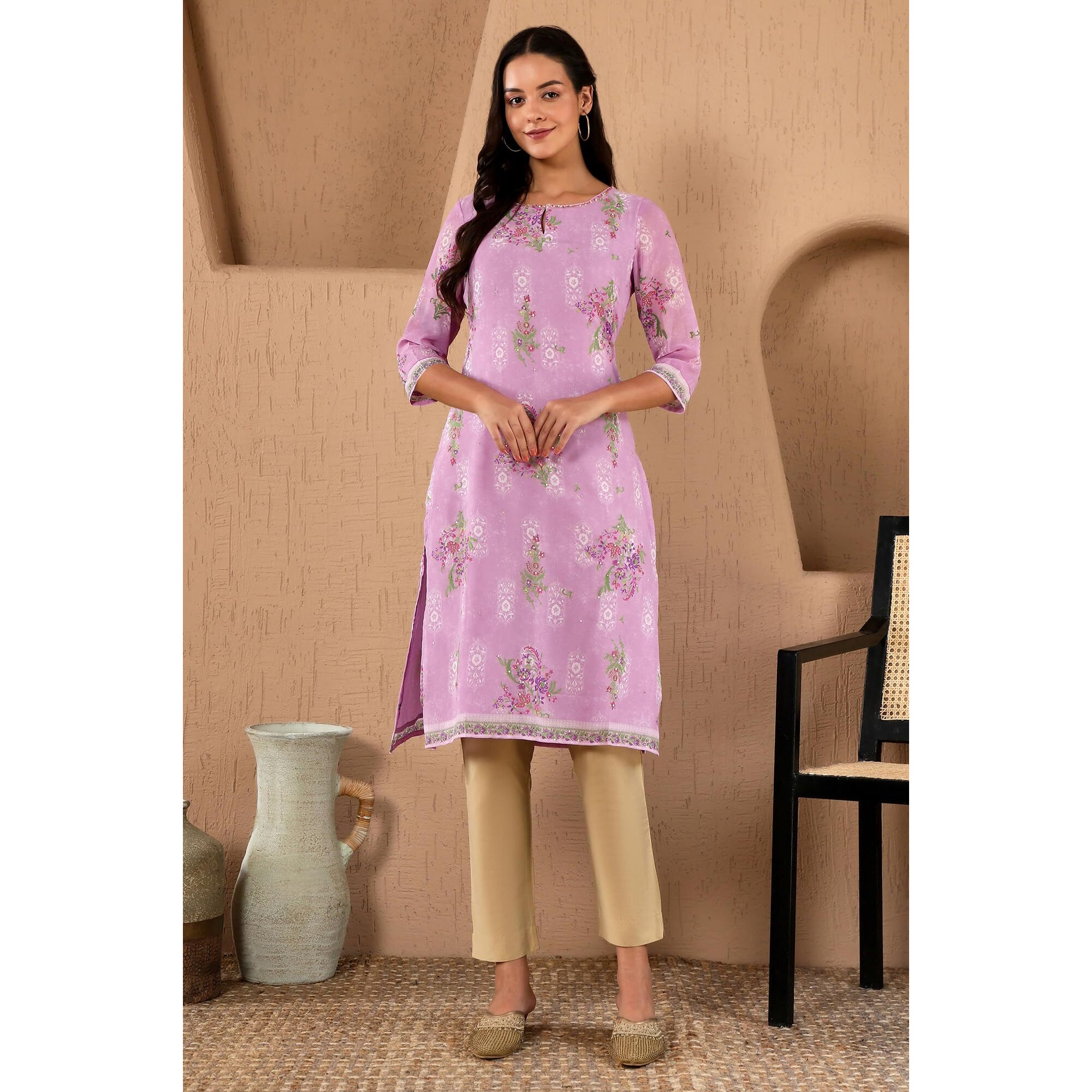 W Purple Floral Printed Synthetic Regular Sequin Kurta For Women
