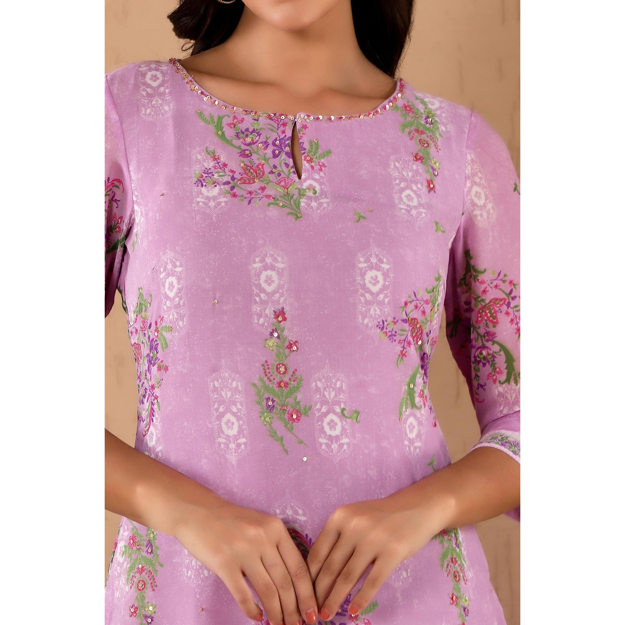 W Purple Floral Printed Synthetic Regular Sequin Kurta For Women