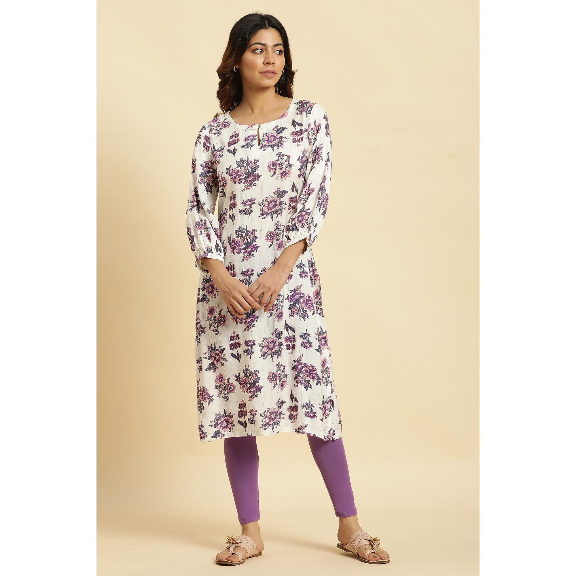 W White Floral Printed Gota Regular Kurta For Women