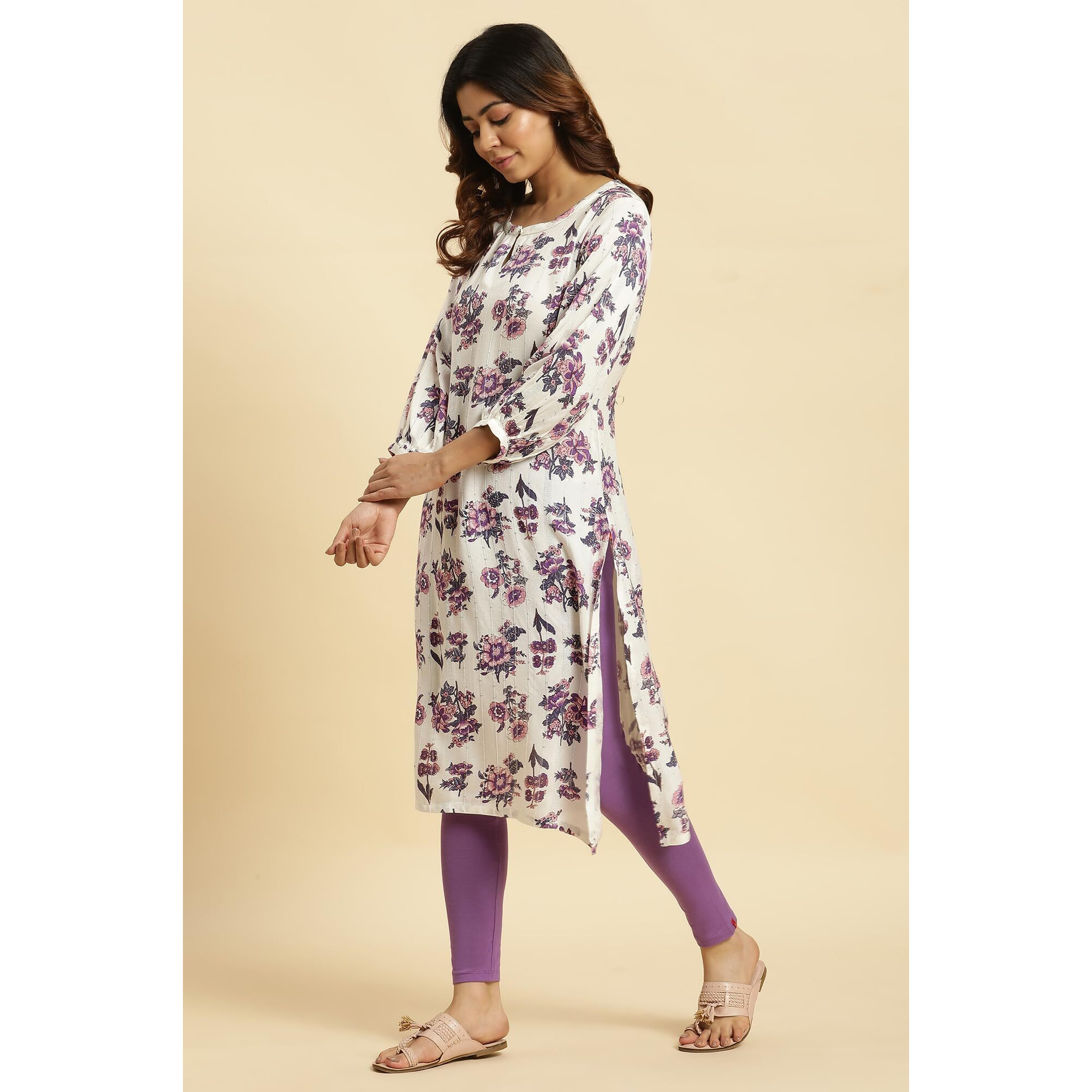 W White Floral Printed Gota Regular Kurta For Women