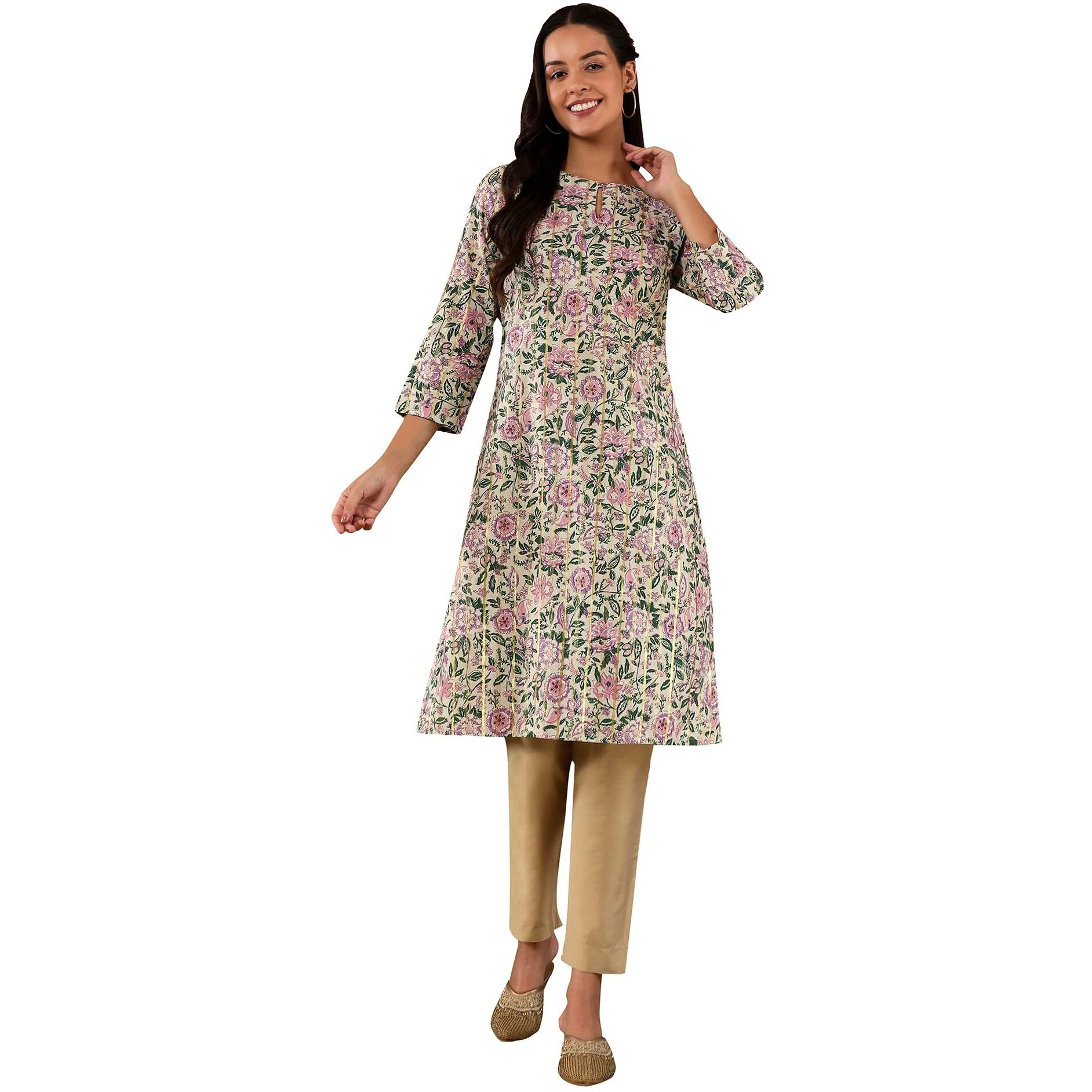 W For Woman Off-W For Womanhite Floral Printed Gota Embellished Cotton Straight Long Kurta