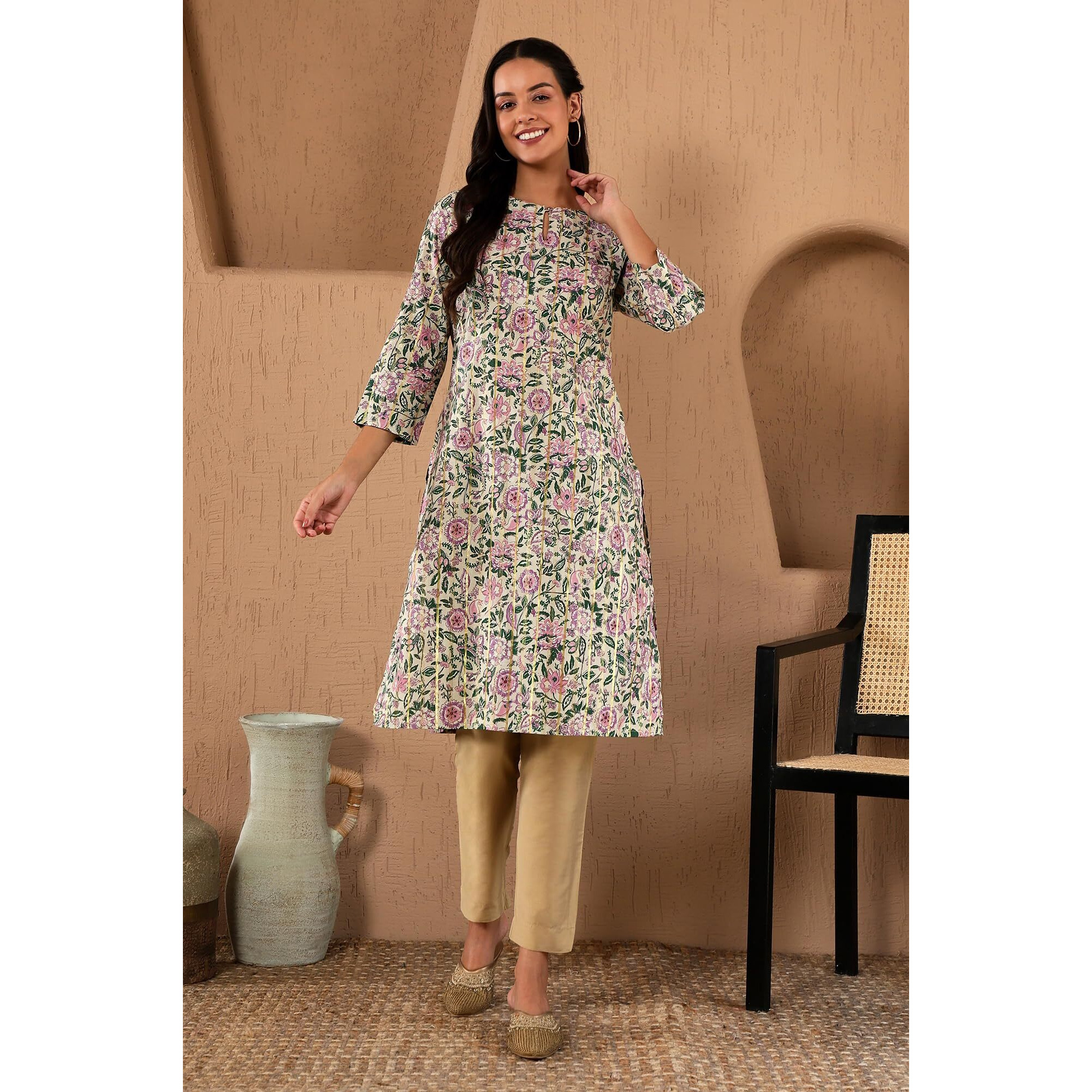 W For Woman Off-W For Womanhite Floral Printed Gota Embellished Cotton Straight Long Kurta