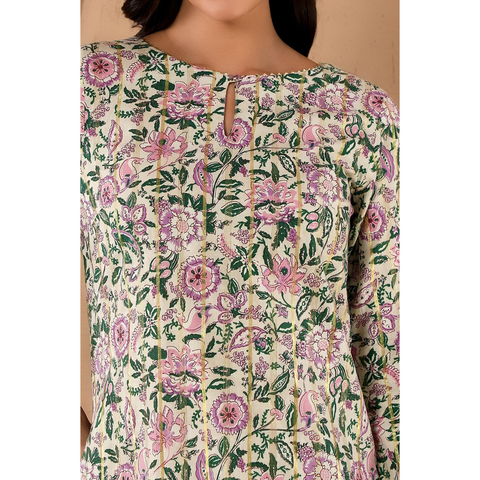 W For Woman Off-W For Womanhite Floral Printed Gota Embellished Cotton Straight Long Kurta