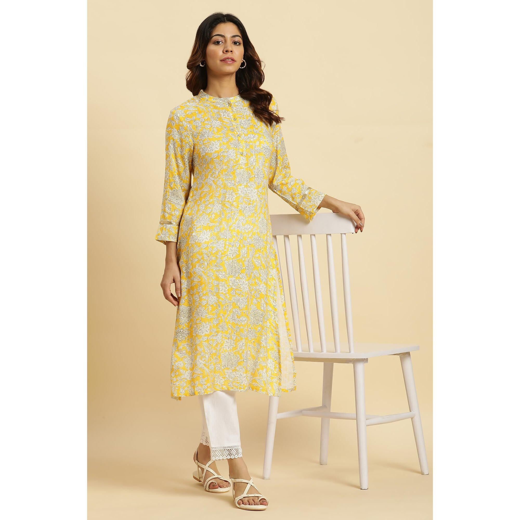 W For Woman Yellow Floral Printed A-Line Kurta (Size M)-23Auw10163-122806