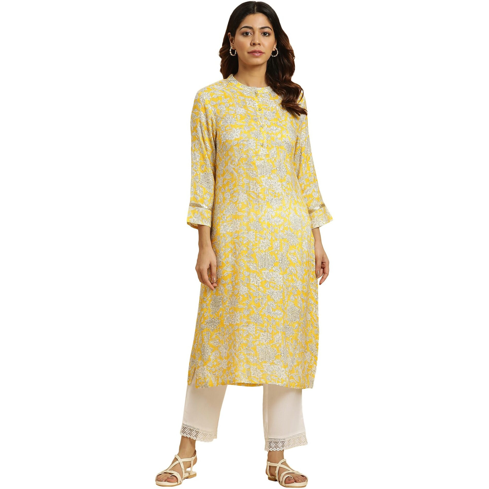 W For Woman Yellow Floral Printed A-Line Kurta (Size Xl)-23Auw10163-122806